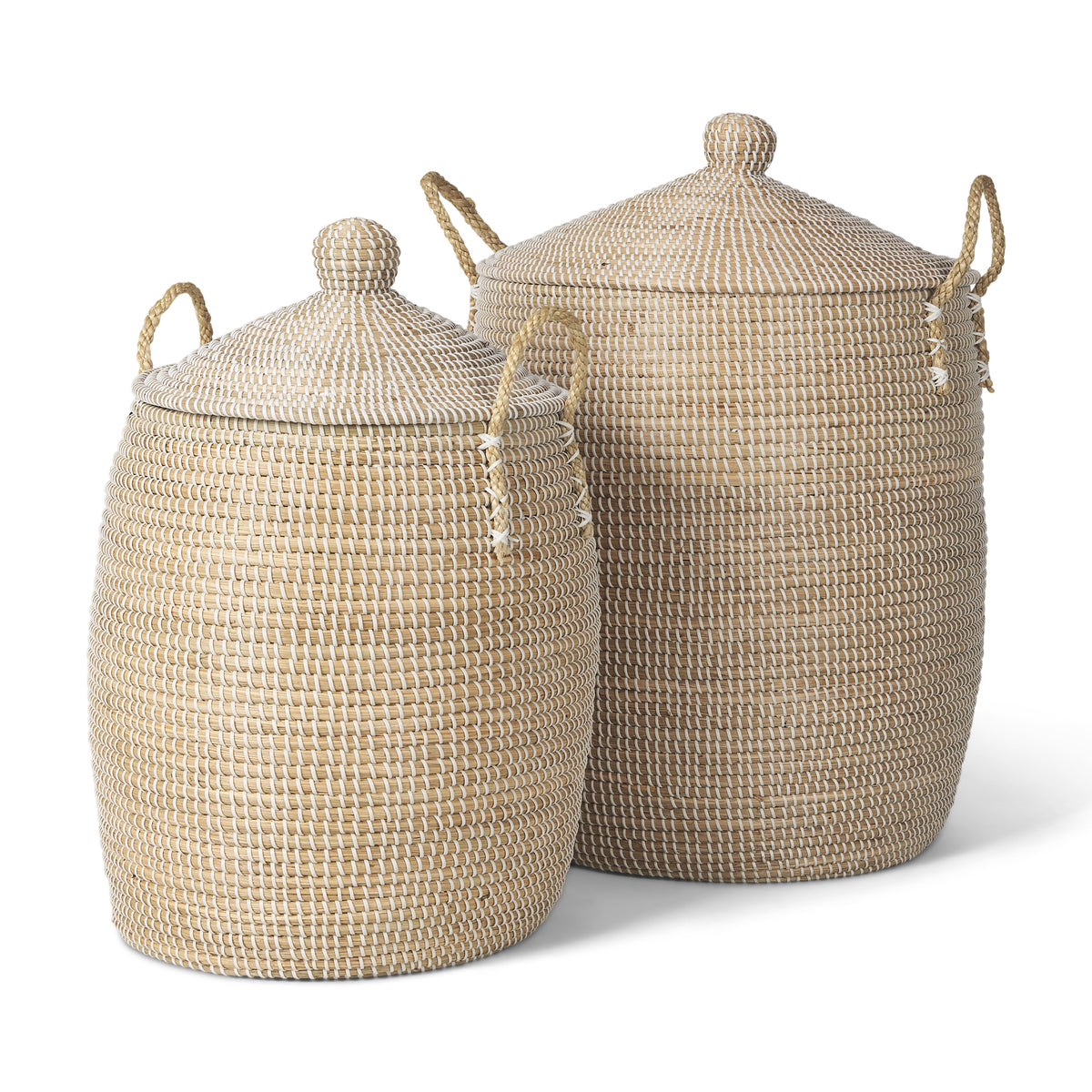 Kairi Brown Seagrass Floor Baskets with Lids and Handles (Set of 2)