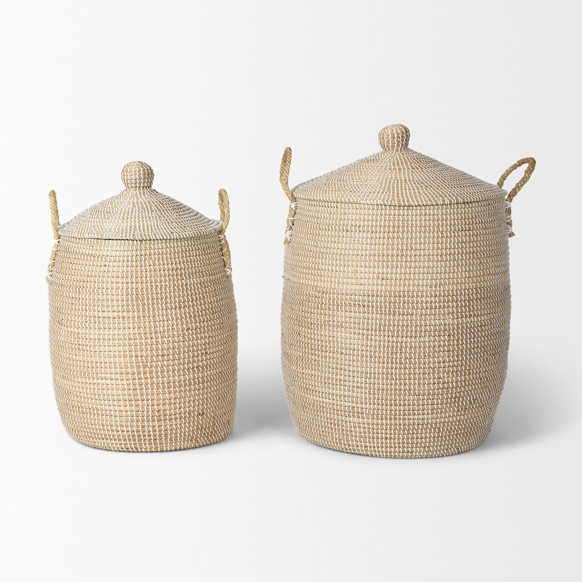 Kairi Brown Seagrass Floor Baskets with Lids and Handles (Set of 2)