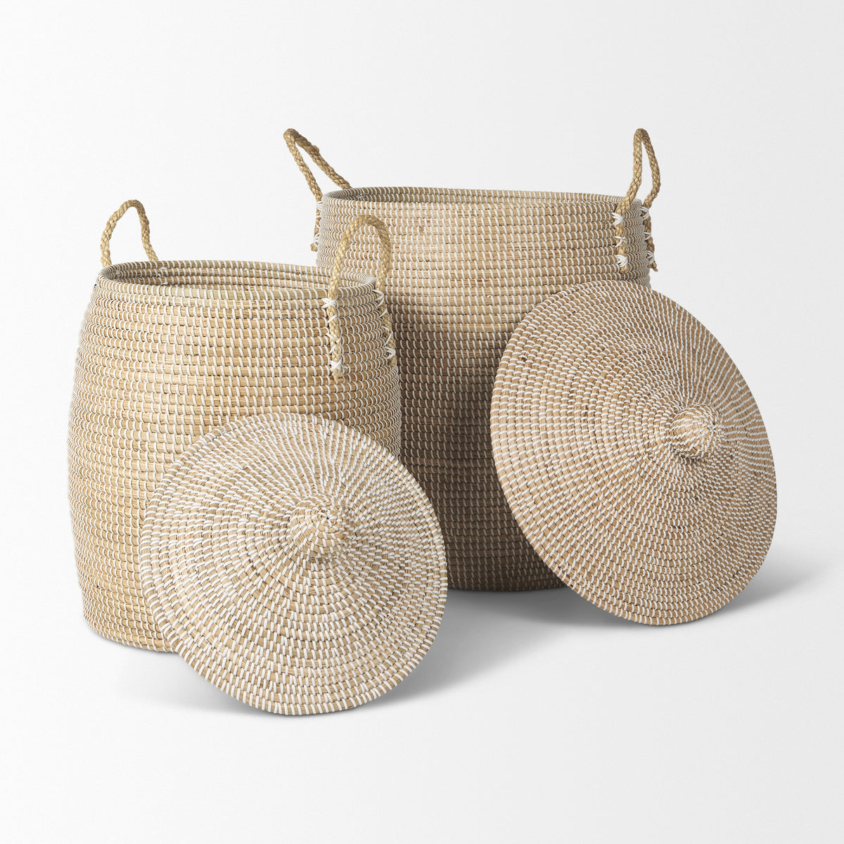 Kairi Brown Seagrass Floor Baskets with Lids and Handles (Set of 2)