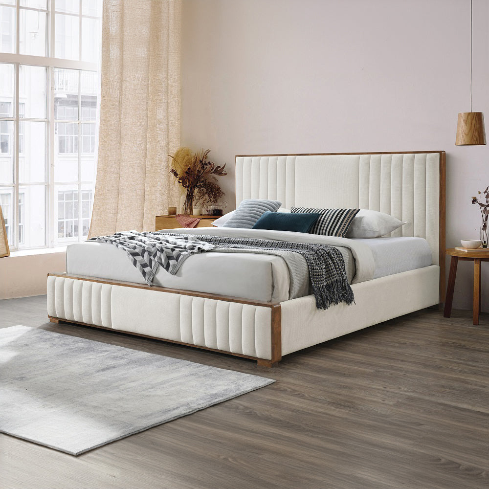 Kaleea Beige Chenille / Walnut Finish Queen Bed - Ornate Home