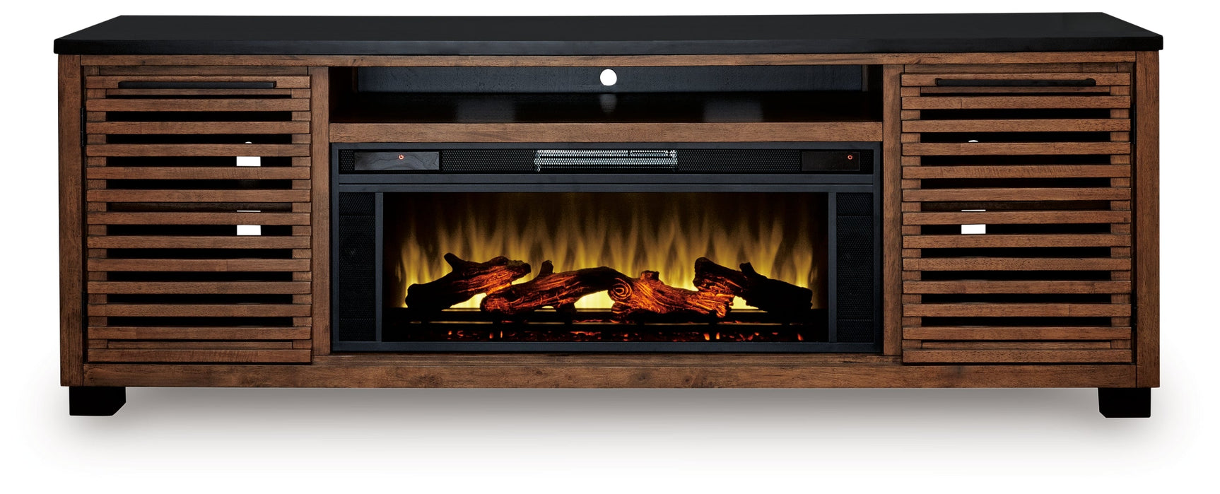 Kallari Warm Brown/Black 84" TV Stand with Electric Fireplace (Online Special Price) - Ornate Home