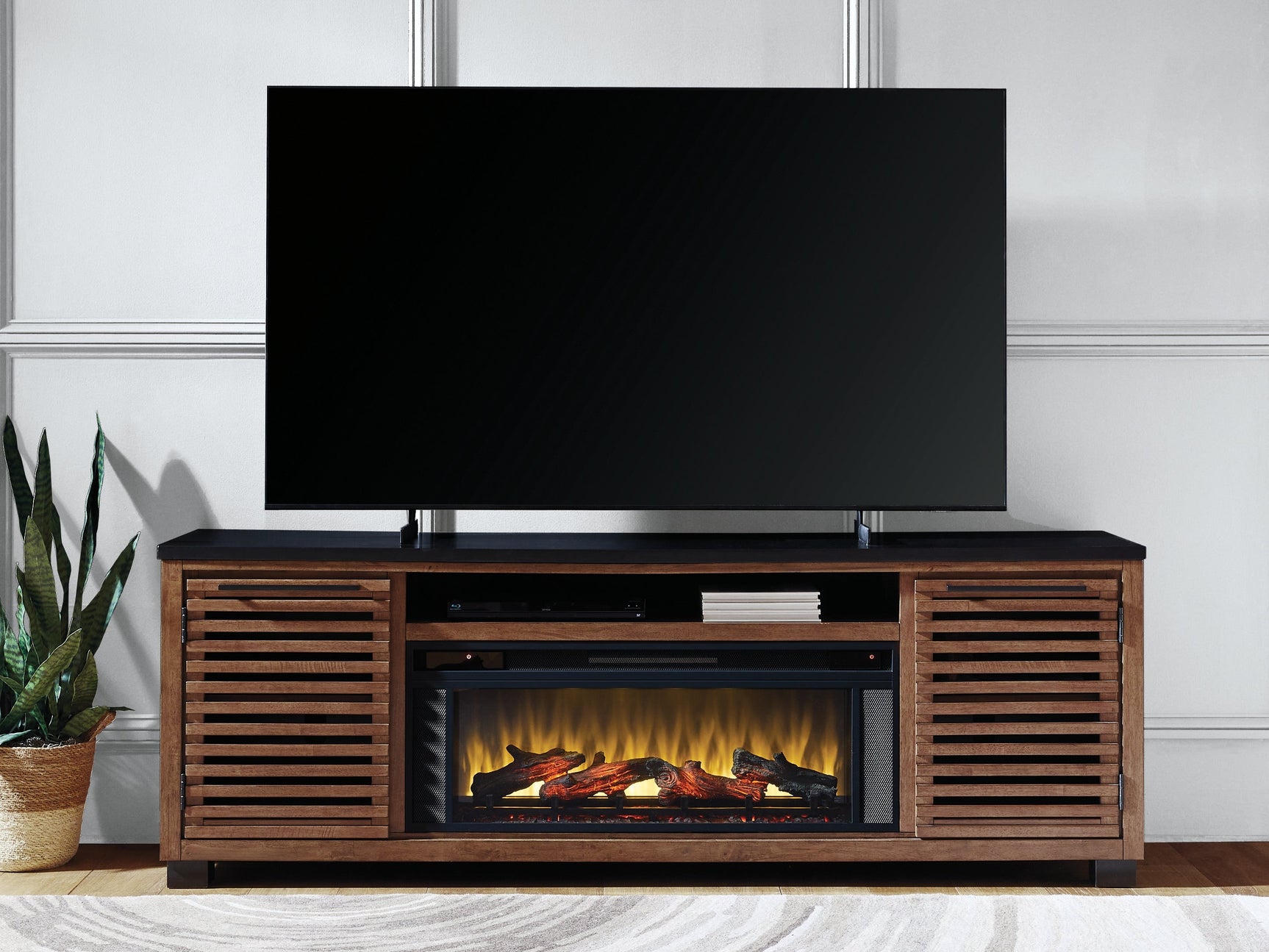 Kallari Warm Brown/Black 84" TV Stand with Electric Fireplace (Online Special Price) - Ornate Home