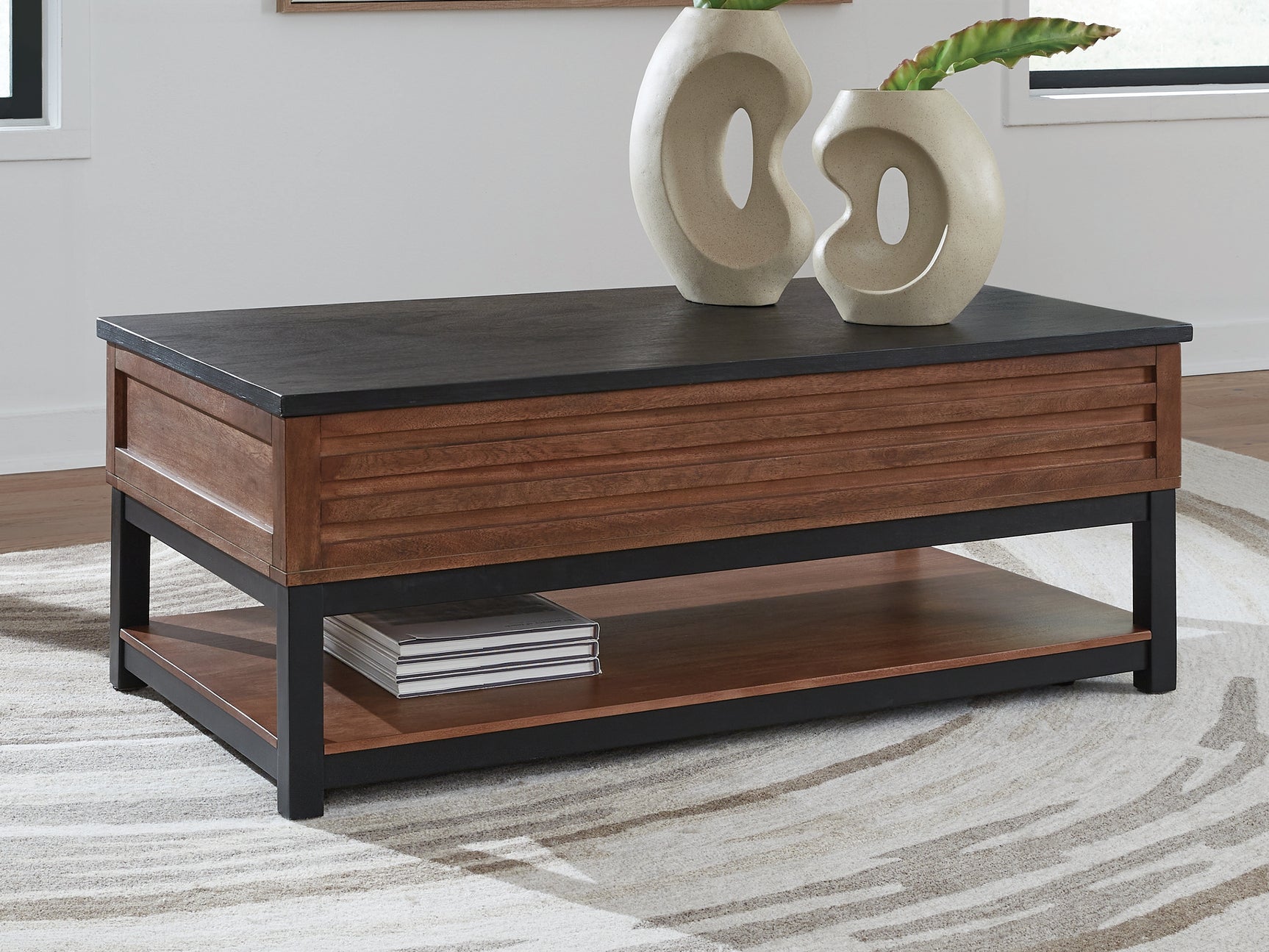 Kallari Warm Brown/Black Lift Top Cocktail Table - Ornate Home