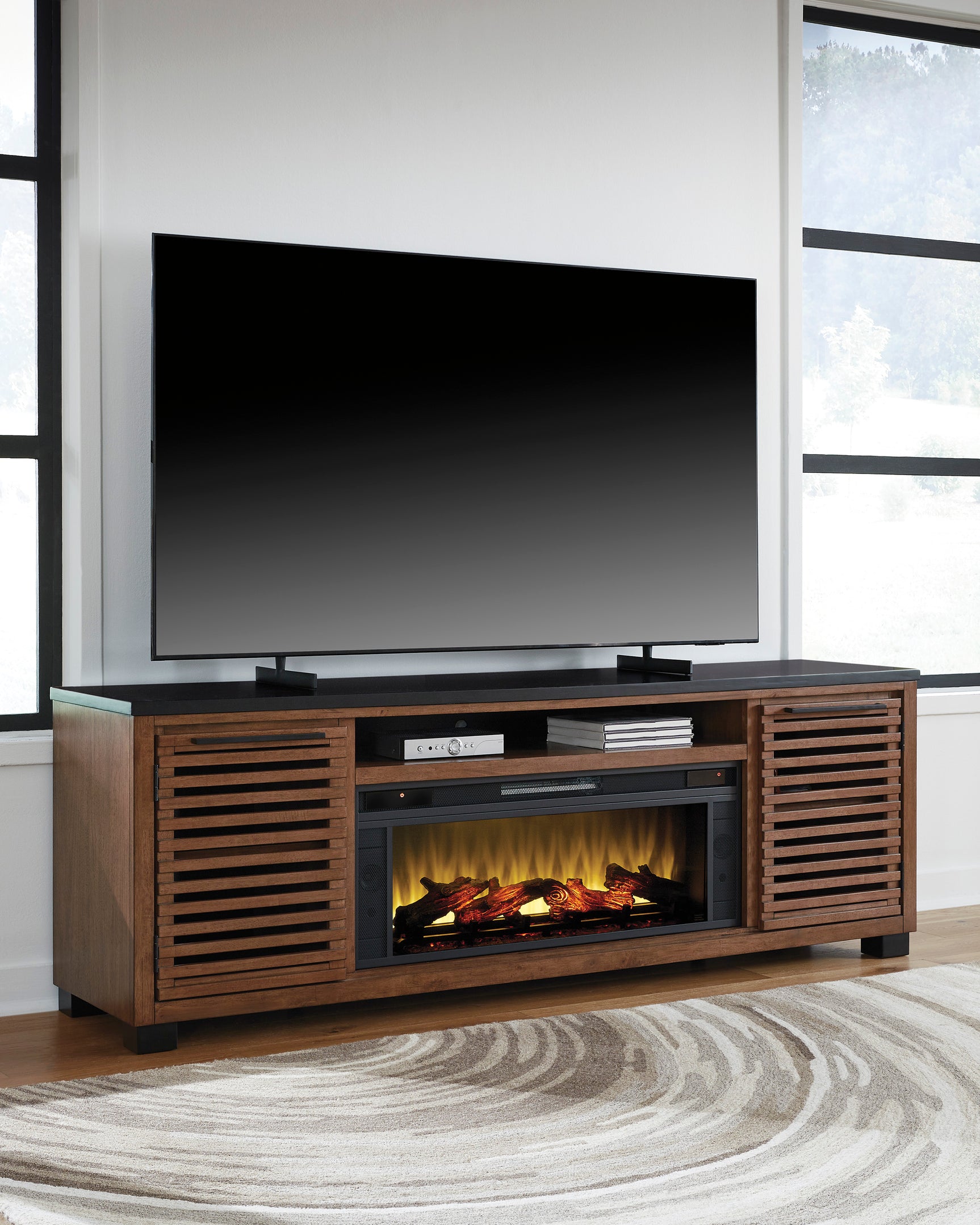 Kallari Warm Brown/Black XL TV Stand w/Fireplace Option - Ornate Home
