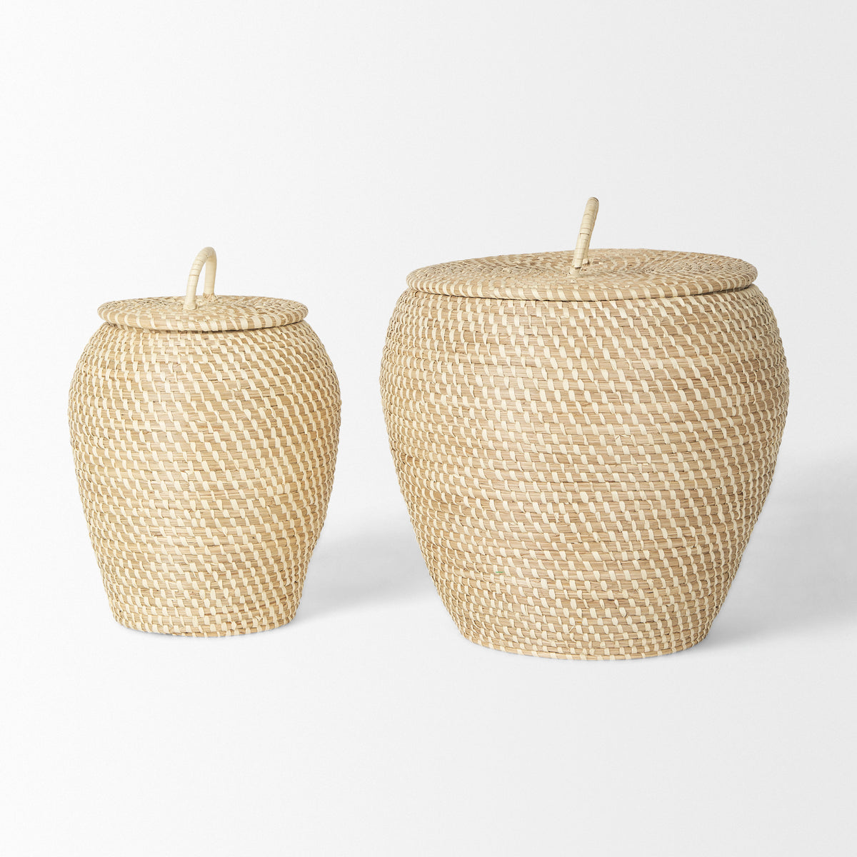 Kalopa Brown Seagrass Floor Baskets with Flat Handled Lid (Set of 2) - Ornate Home