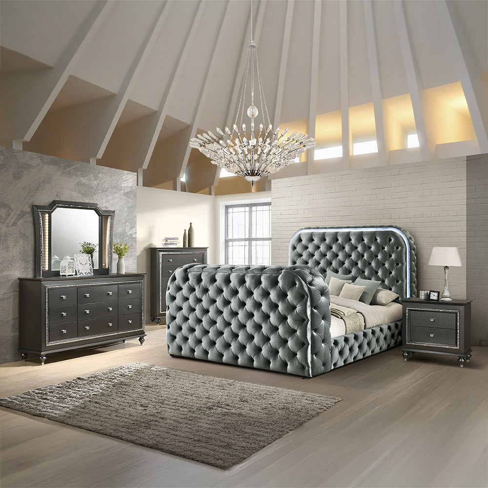Kana Gray Eastern King Bed w/LED, Fireplace & TV Stand - Ornate Home