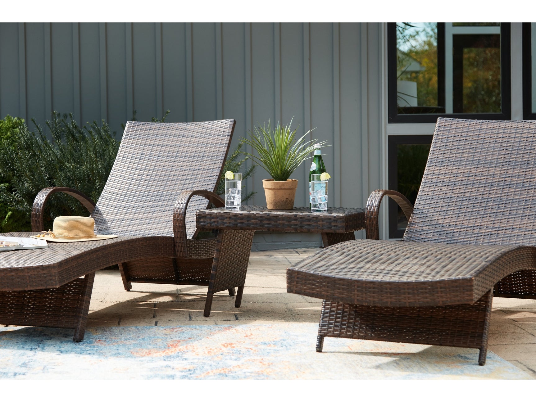 Kantana Brown 2 Outdoor Chaise Lounge Chairs and End Table - Ornate Home