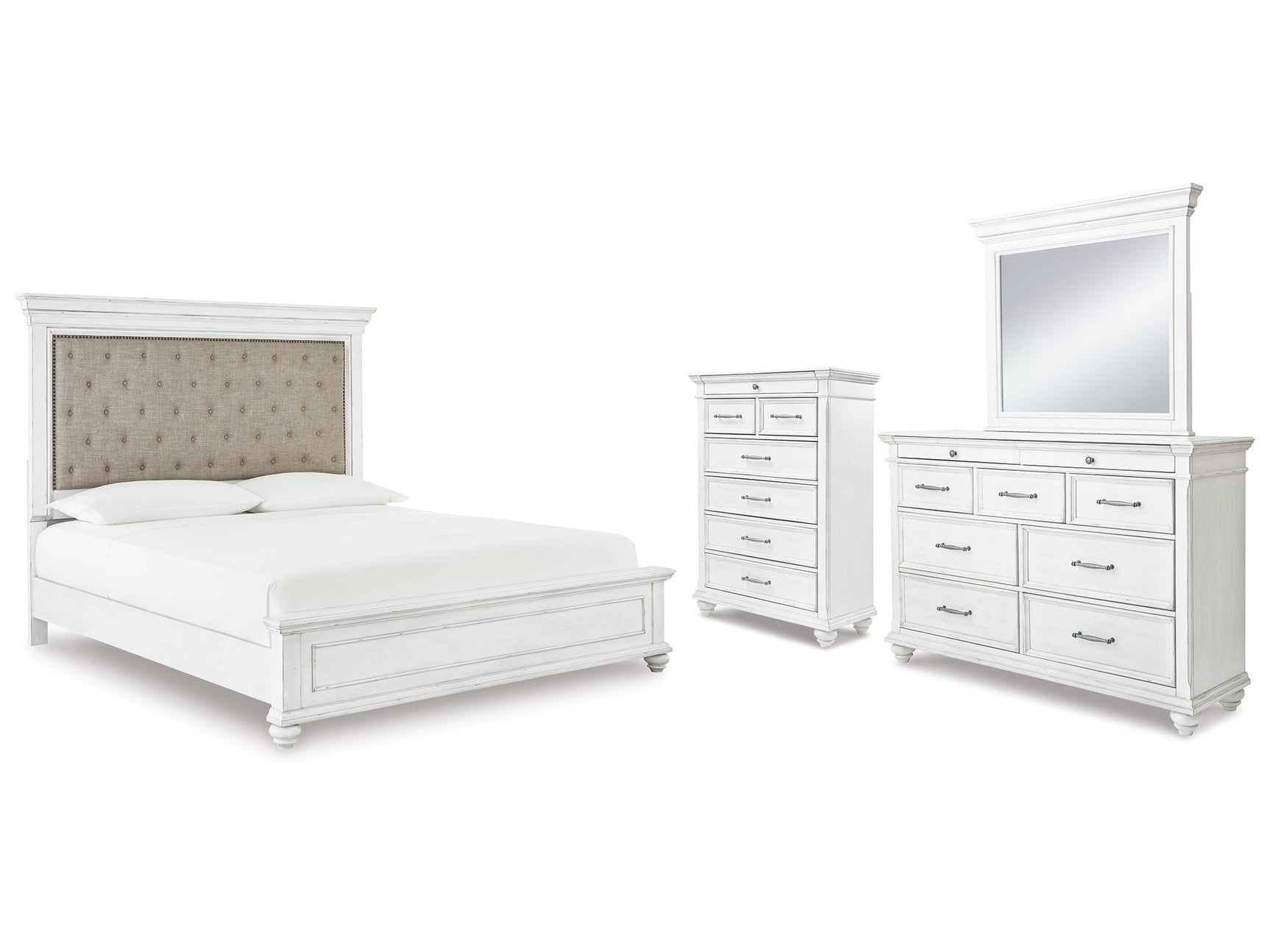 Kanwyn Whitewash Cal King Upholstered Panel Bedroom Set with Dresser, Mirror and Chest (Online Special Price) - Ornate Home