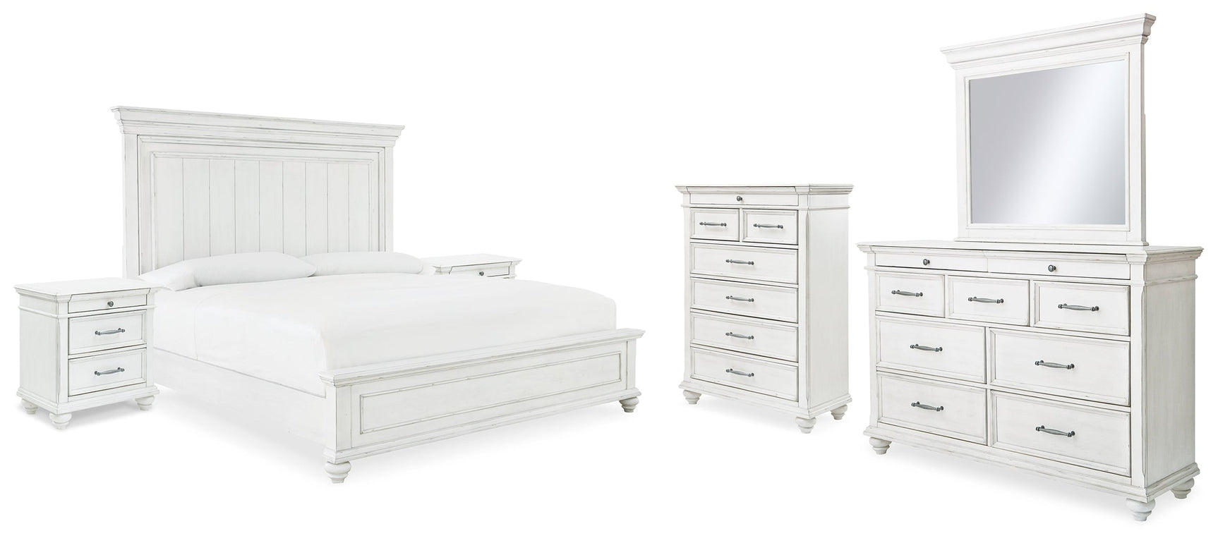 Kanwyn Whitewash King Panel Bedroom Set with Dresser, Mirror, Chest and 2 Nightstands (Online Special Price) - Ornate Home