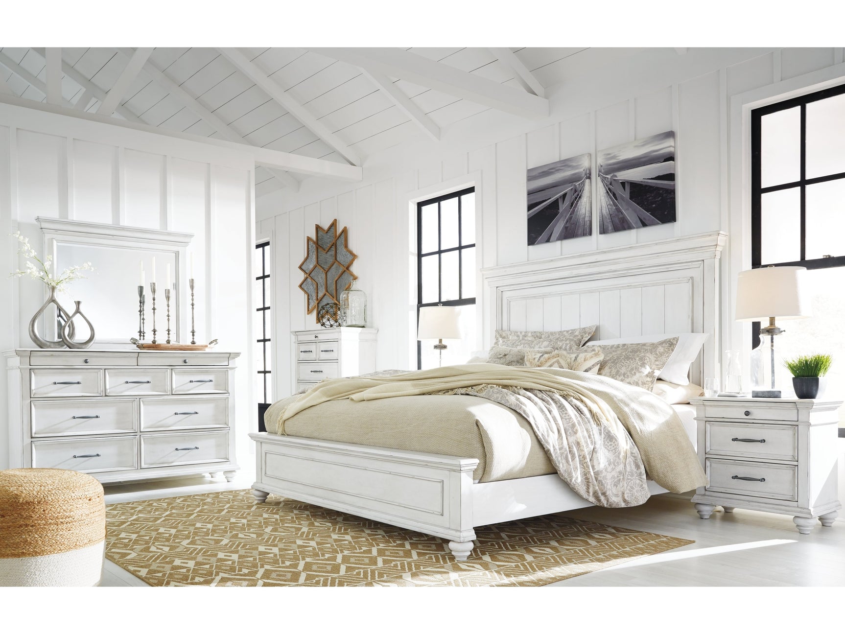 Kanwyn Whitewash King Panel Bedroom Set with Dresser, Mirror, Chest and 2 Nightstands - Ornate Home