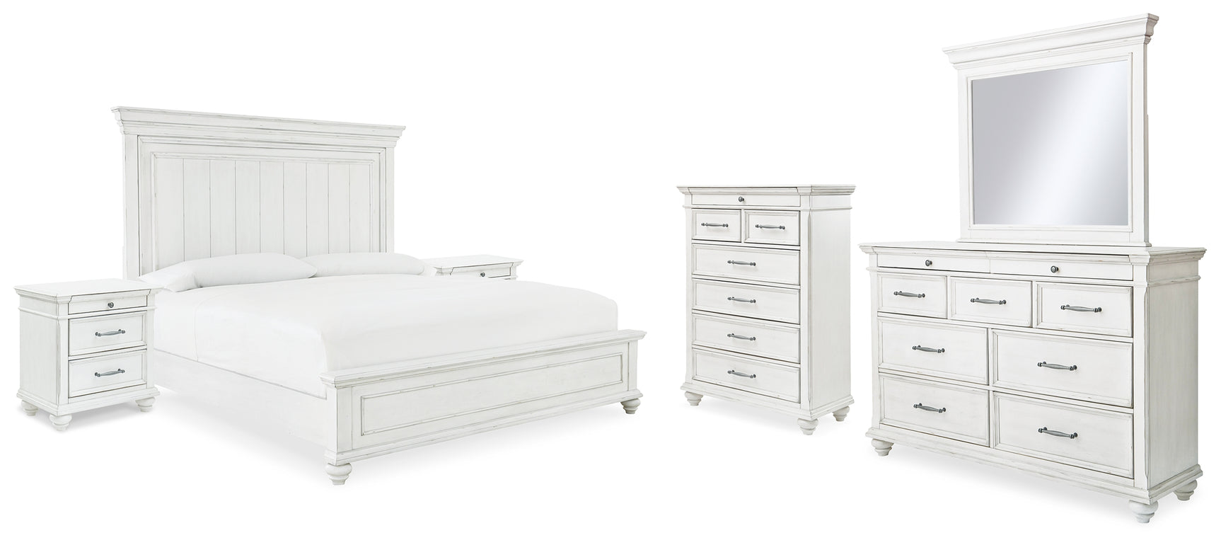 Kanwyn Whitewash King Panel Bedroom Set with Dresser, Mirror, Chest and 2 Nightstands - Ornate Home