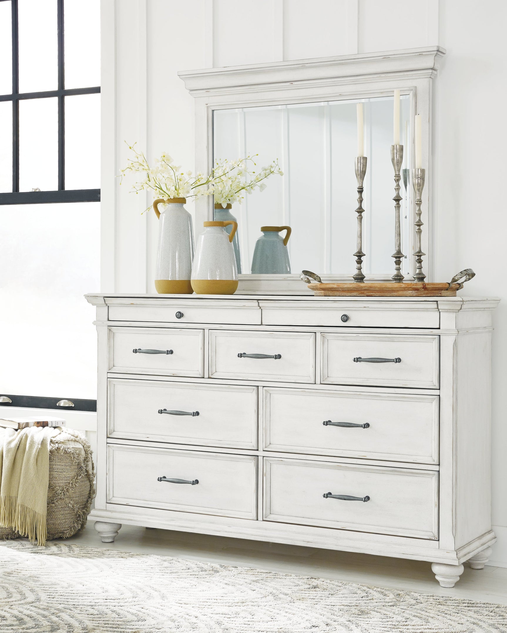 Kanwyn Whitewash King Panel Bedroom Set with Dresser, Mirror and 2 Nightstands (Online Special Price) - Ornate Home