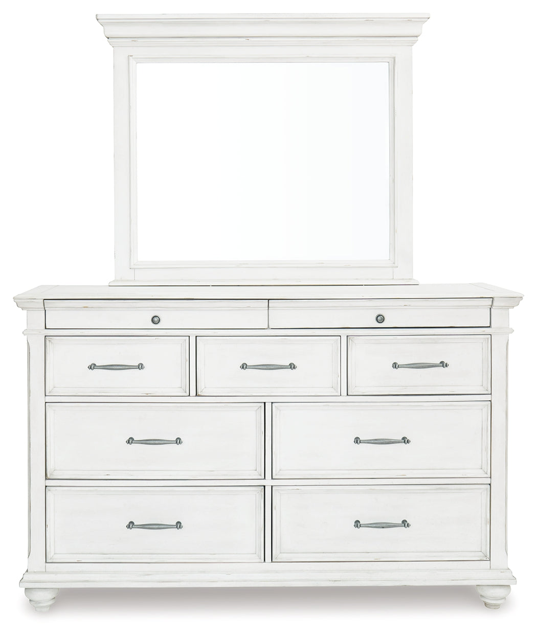Kanwyn Whitewash King Panel Bedroom Set with Dresser, Mirror and Nightstand - Ornate Home