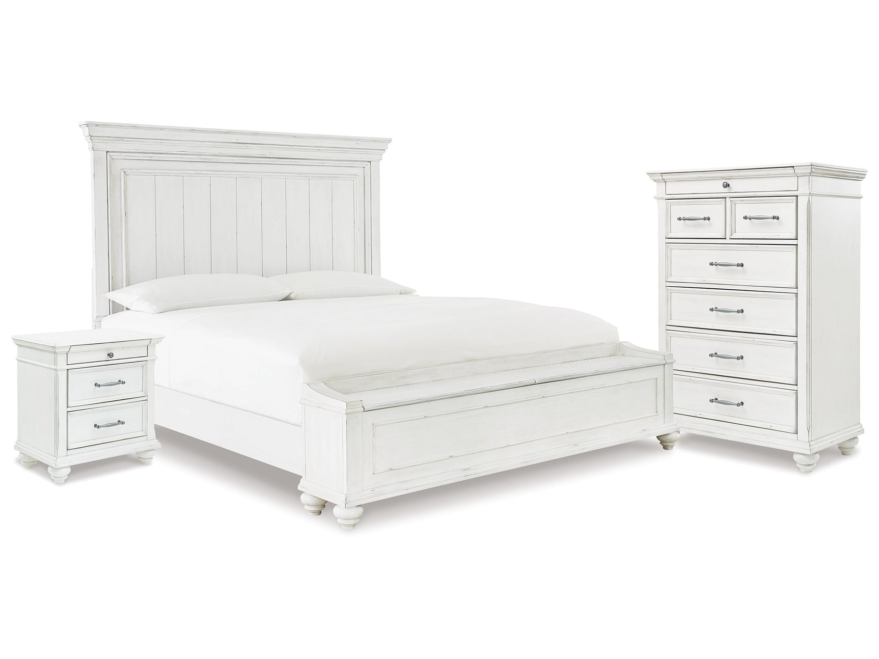 Kanwyn Whitewash King Panel Storage Bedroom Set with Chest and Nightstand - Ornate Home