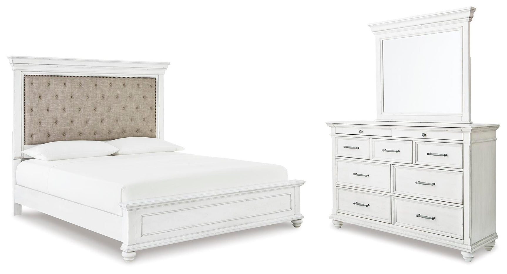 Kanwyn Whitewash King Upholstered Panel Bed, Dresser and Mirror - Ornate Home