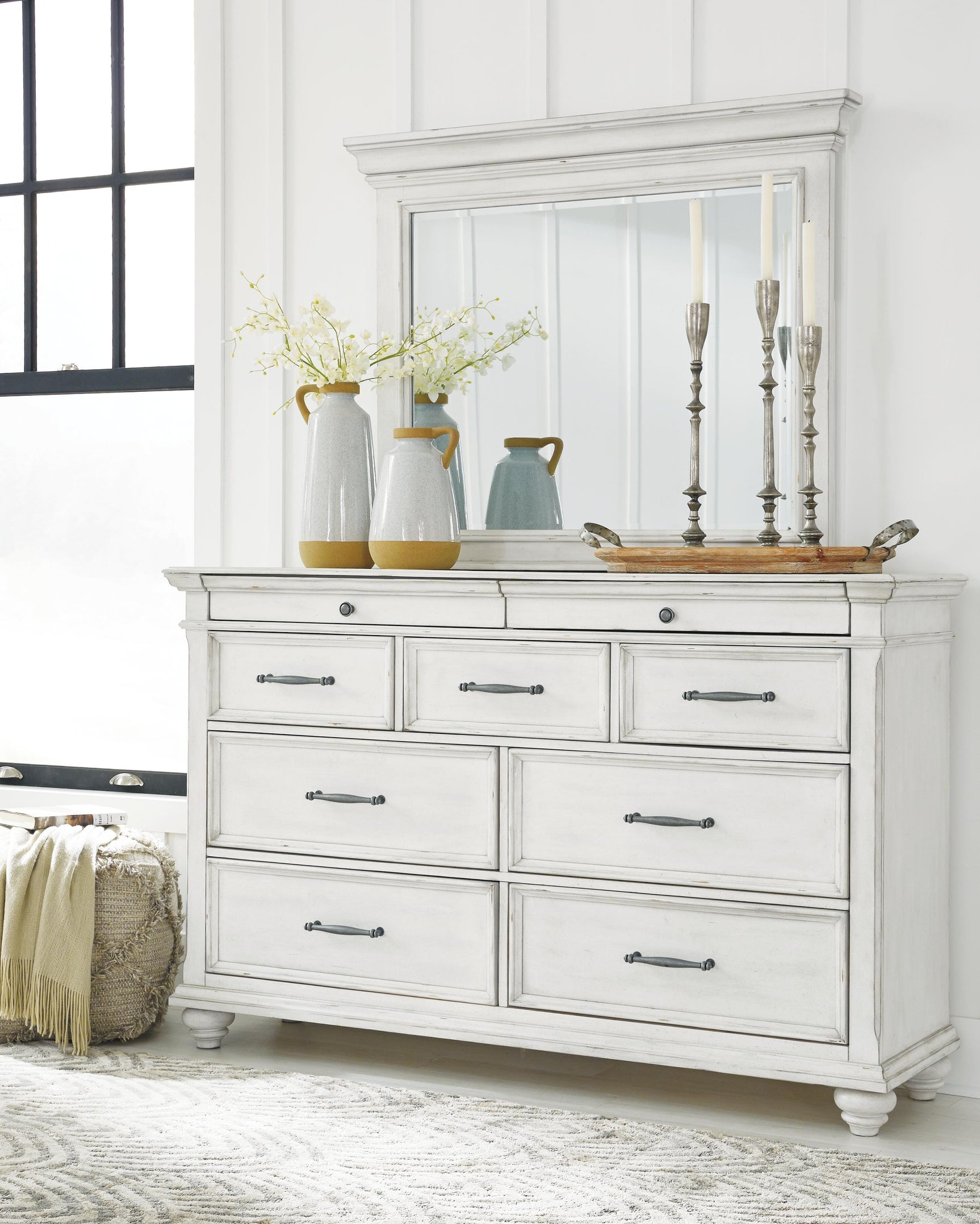 Kanwyn Whitewash King Upholstered Panel Bed, Dresser and Mirror - Ornate Home