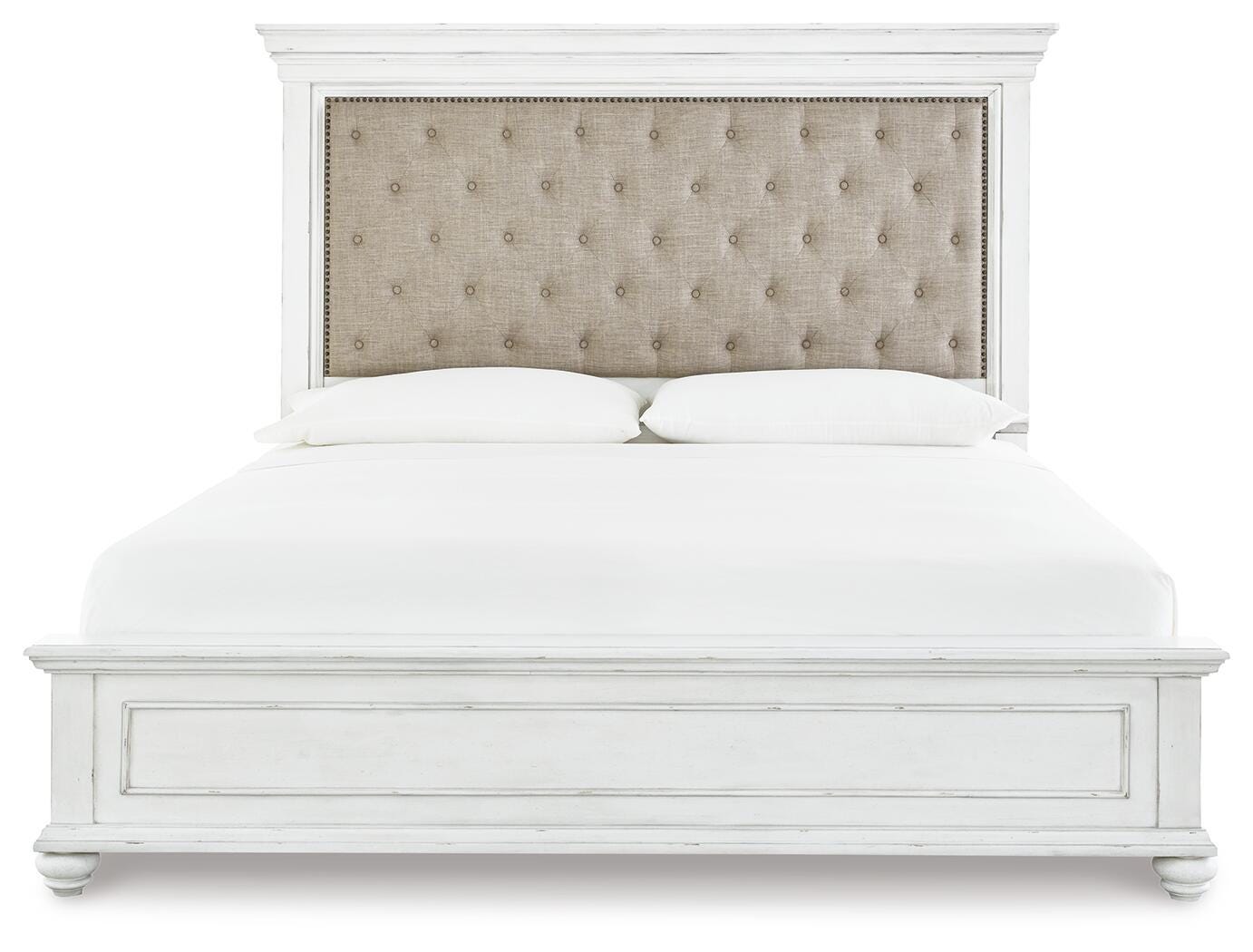 Kanwyn Whitewash King Upholstered Panel Bed, Dresser and Mirror - Ornate Home