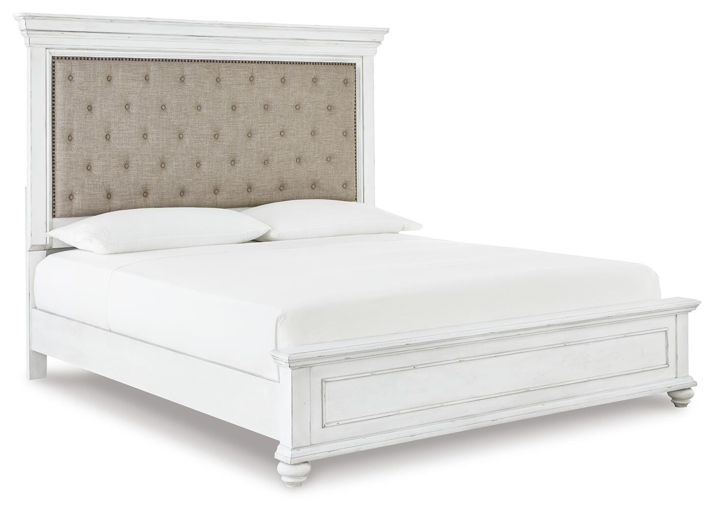 Kanwyn Whitewash King Upholstered Panel Bed, Dresser and Mirror - Ornate Home