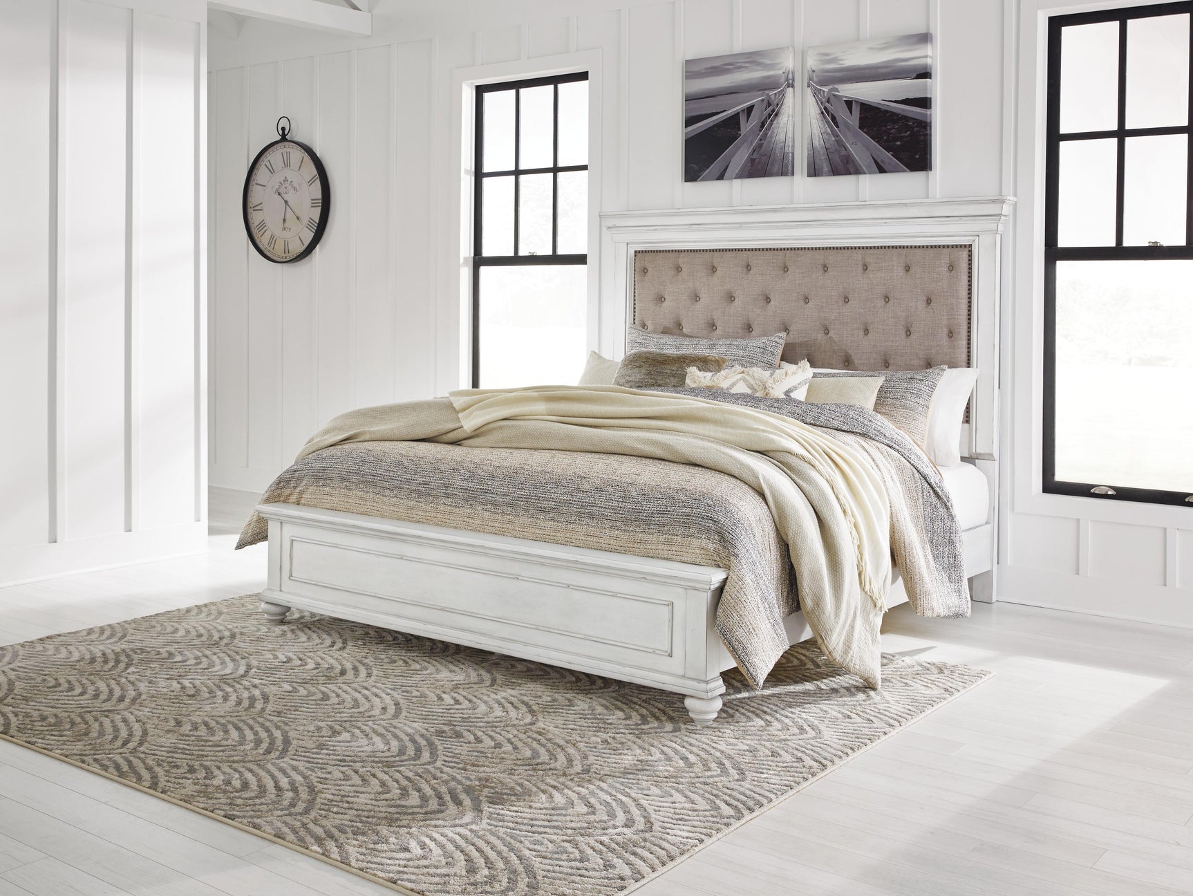 Kanwyn Whitewash King Upholstered Panel Bed, Dresser and Mirror - Ornate Home