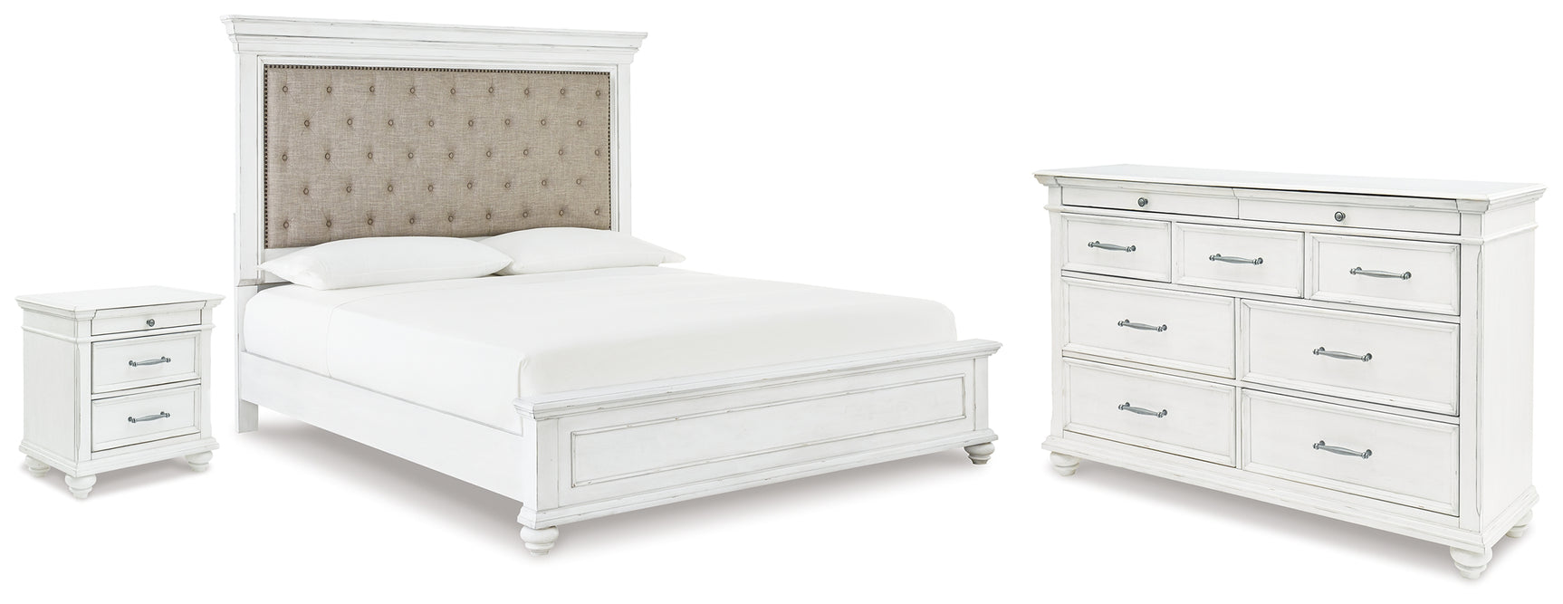 Kanwyn Whitewash King Upholstered Panel Bed, Dresser and Nightstand - Ornate Home
