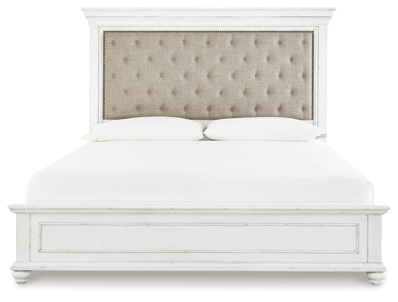 Kanwyn Whitewash King Upholstered Panel Bed, Dresser and Nightstand - Ornate Home