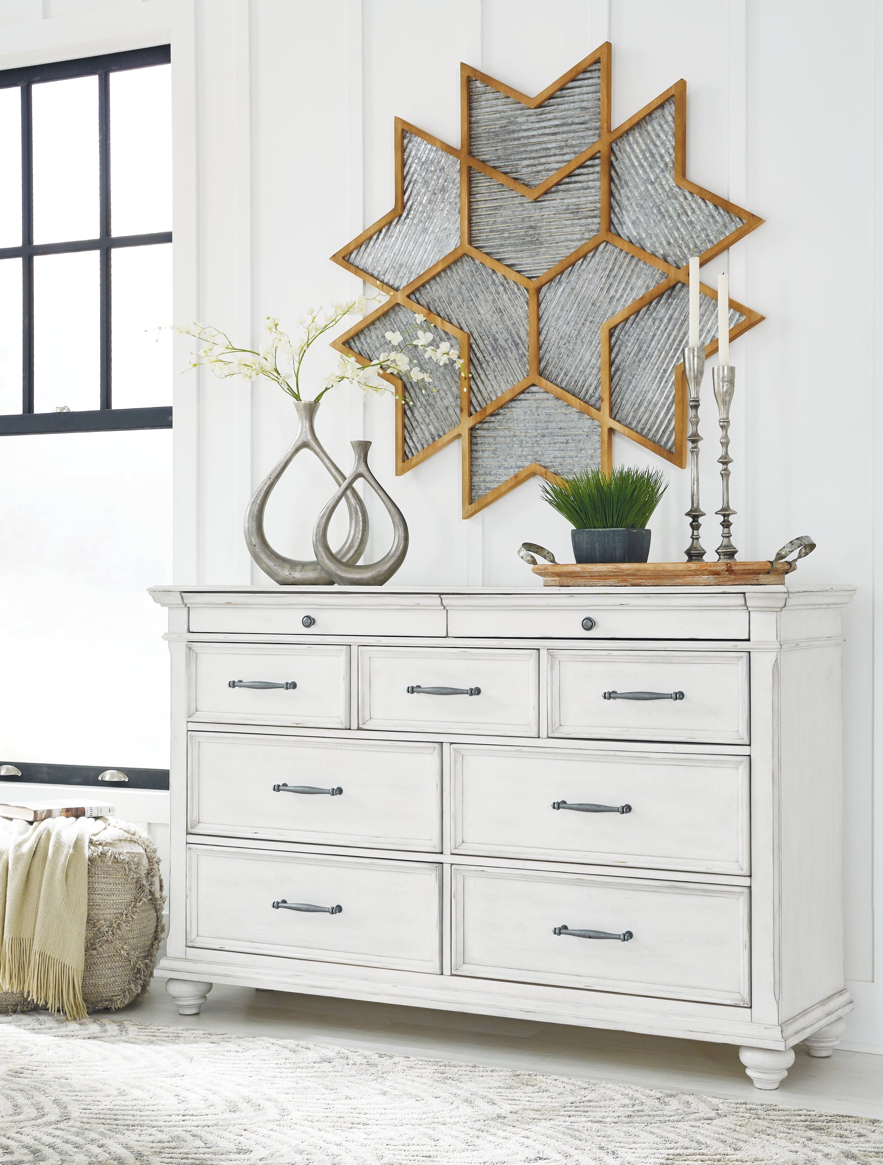 Kanwyn Whitewash King Upholstered Panel Bed, Dresser and Nightstand - Ornate Home