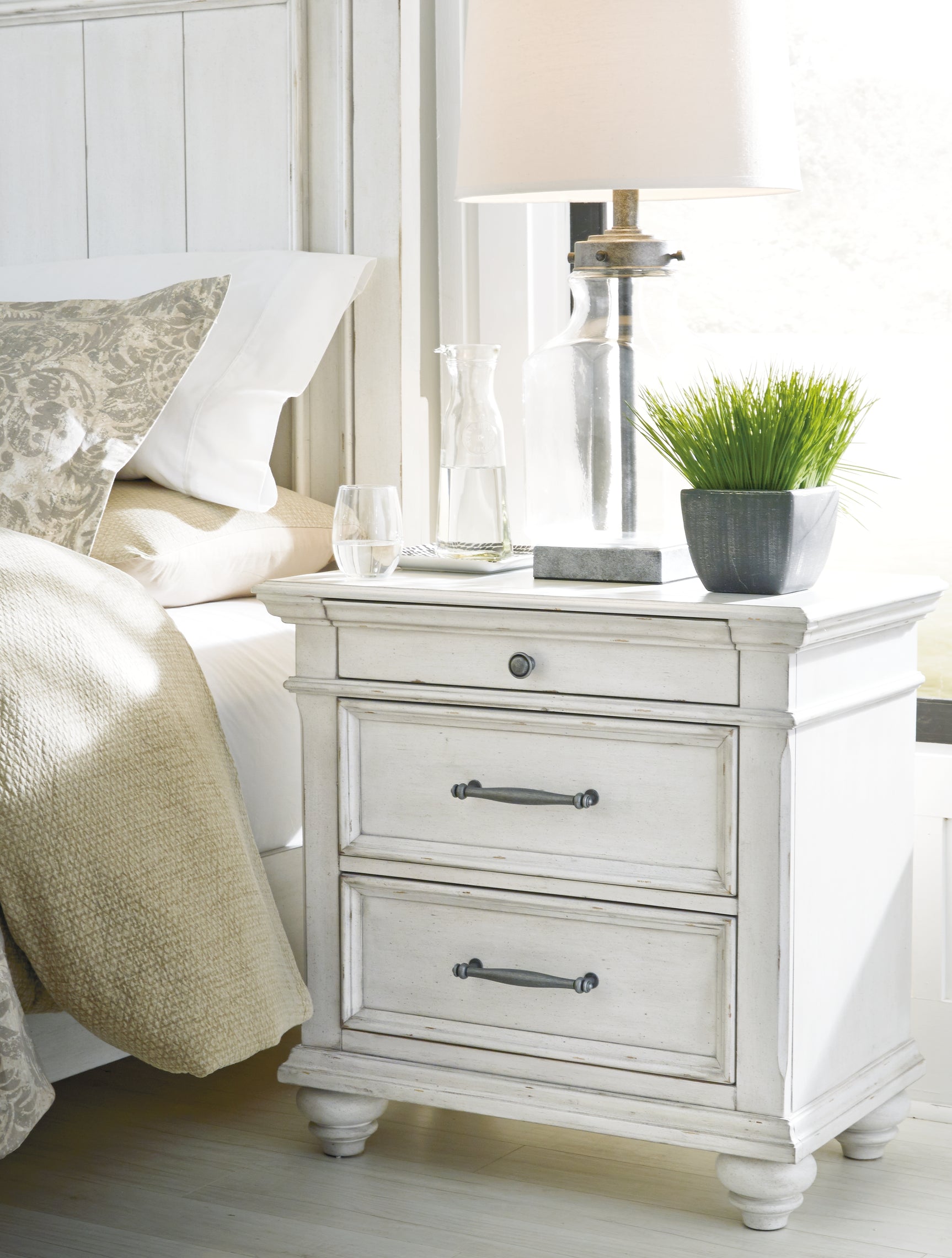 Kanwyn Whitewash King Upholstered Panel Bed, Dresser and Nightstand - Ornate Home