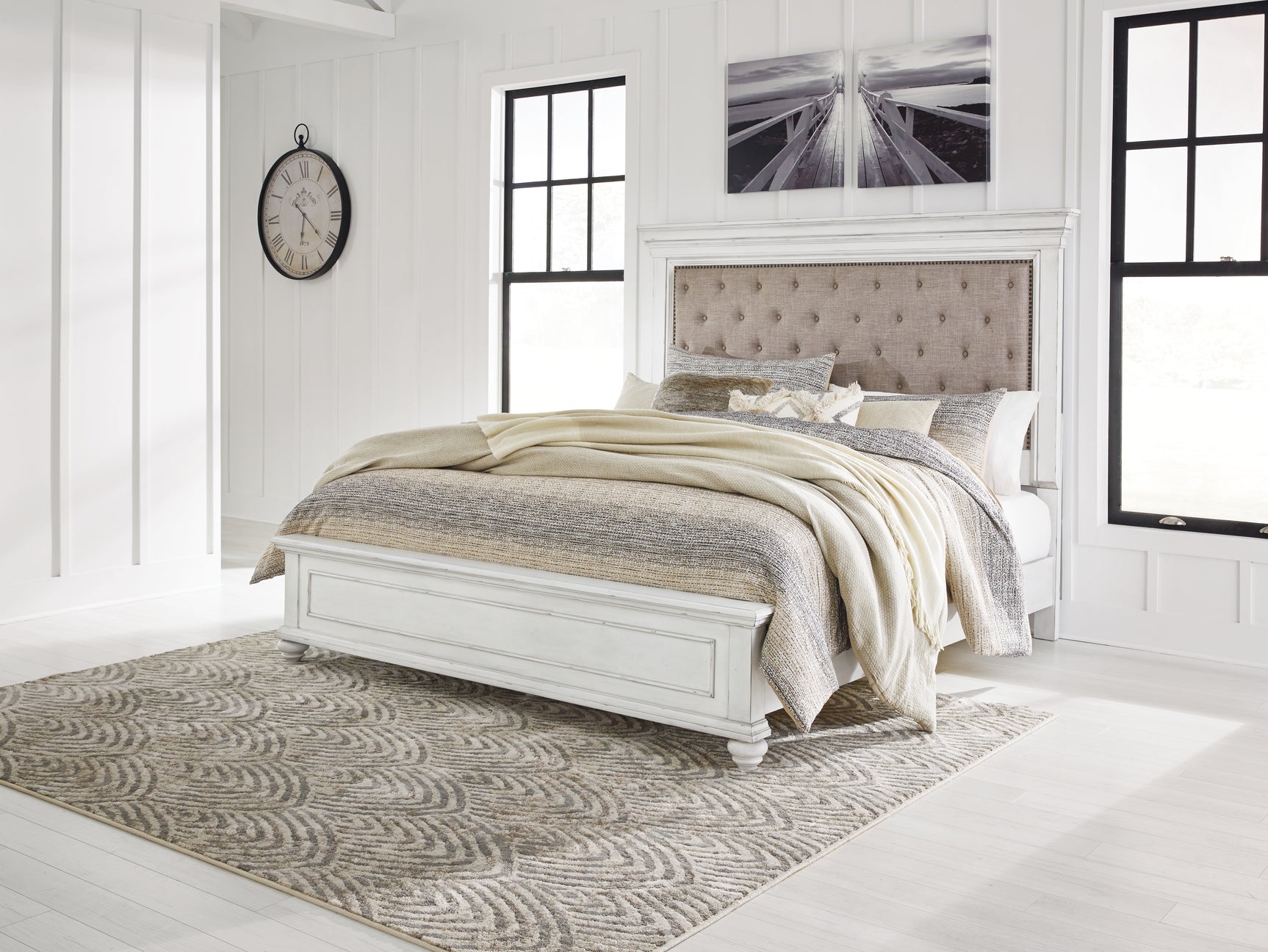 Kanwyn Whitewash King Upholstered Panel Bed, Dresser and Nightstand - Ornate Home