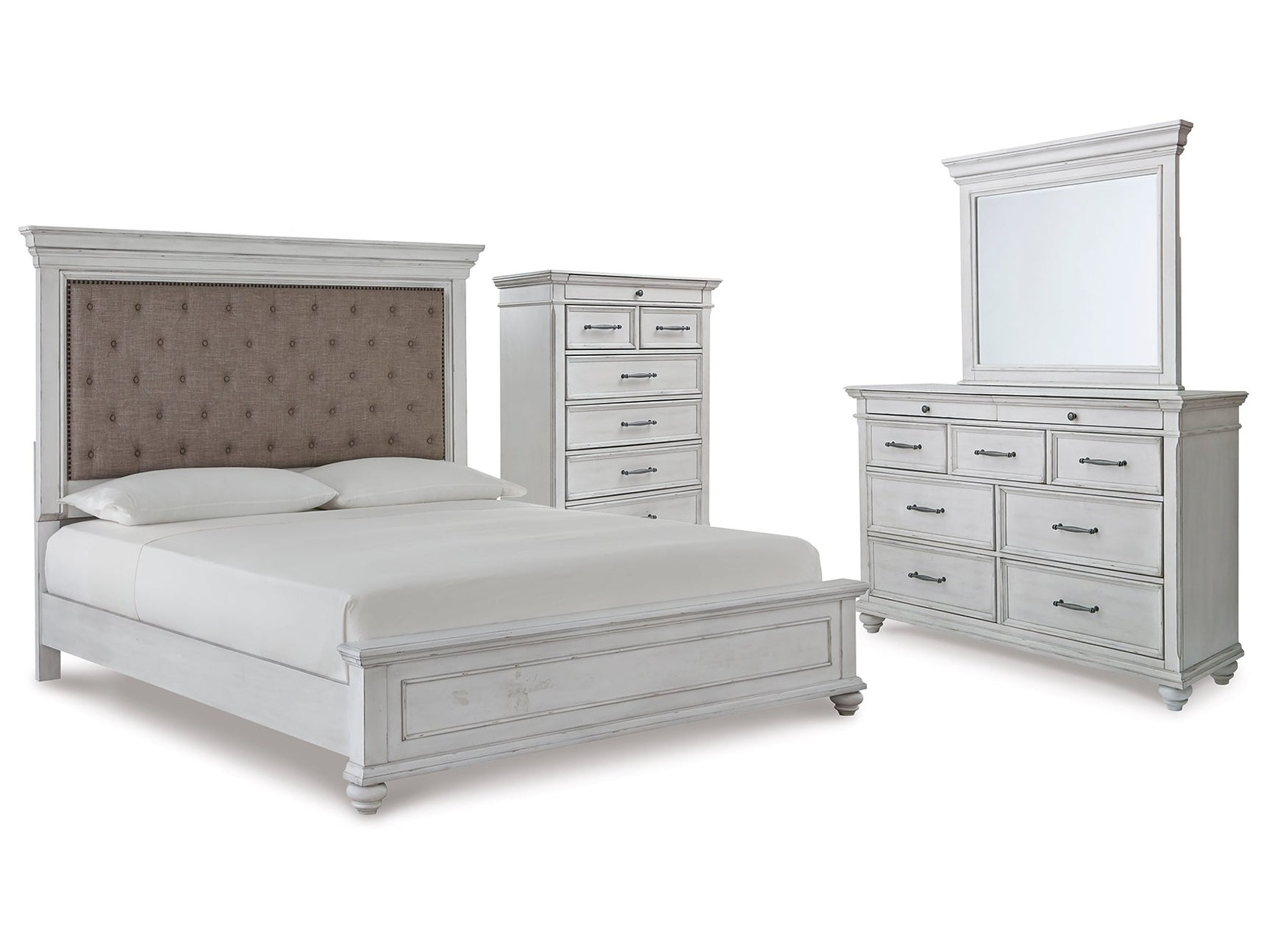Kanwyn Whitewash King Upholstered Panel Bedroom Set with Dresser, Mirror and Chest - Ornate Home