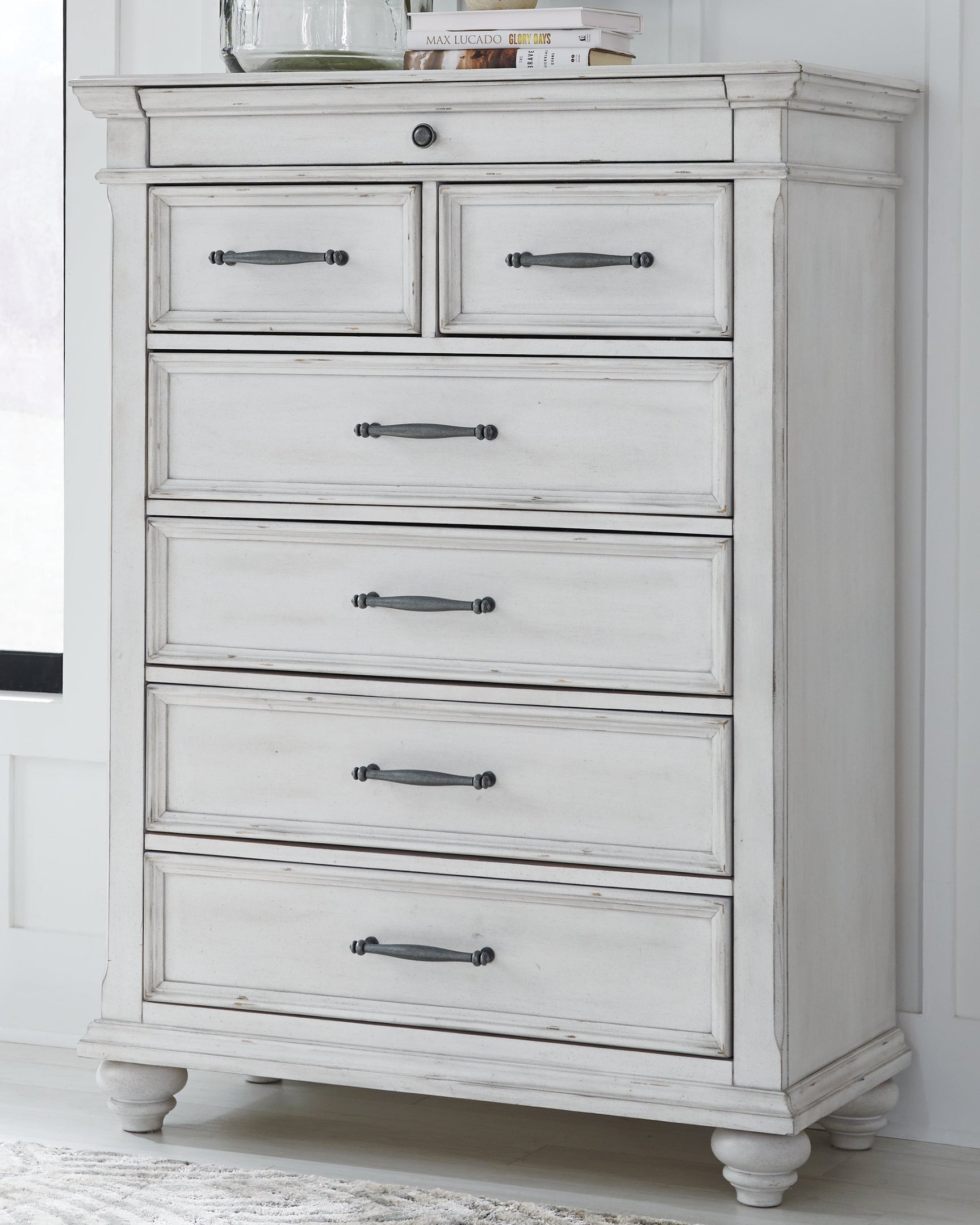 Kanwyn Whitewash King Upholstered Panel Bedroom Set with Dresser, Mirror and Chest - Ornate Home