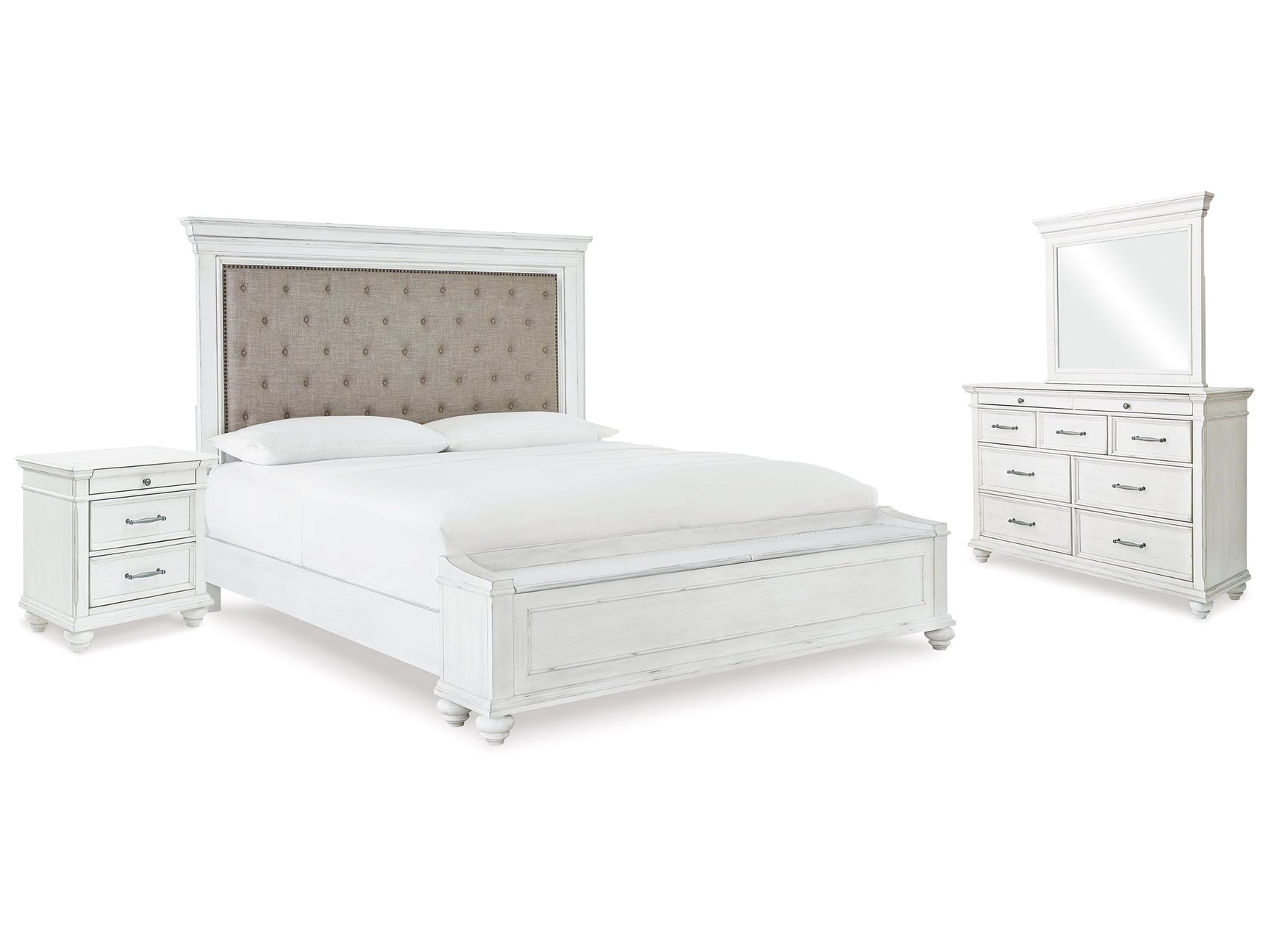 Kanwyn Whitewash King Upholstered Storage Bedroom Set with Dresser, Mirror and Nightstand - Ornate Home