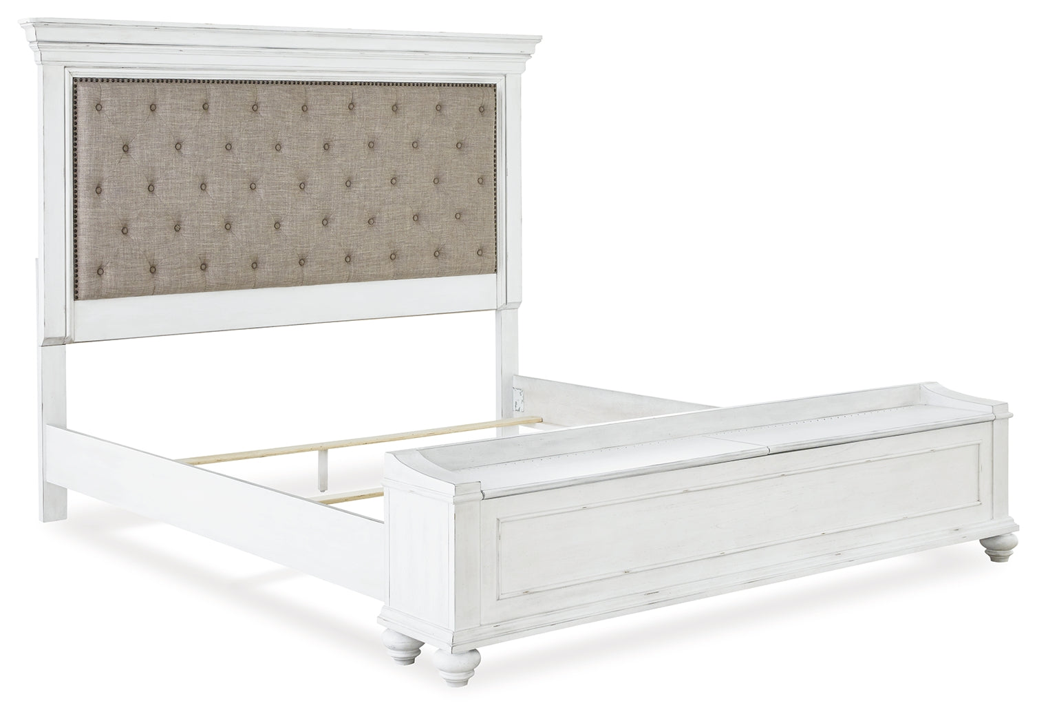 Kanwyn Whitewash King Upholstered Storage Bedroom Set with Dresser, Mirror and Nightstand - Ornate Home