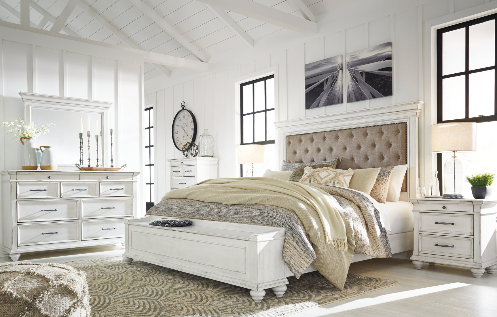 Kanwyn Whitewash King Upholstered Storage Bedroom Set with Dresser, Mirror and Nightstand - Ornate Home