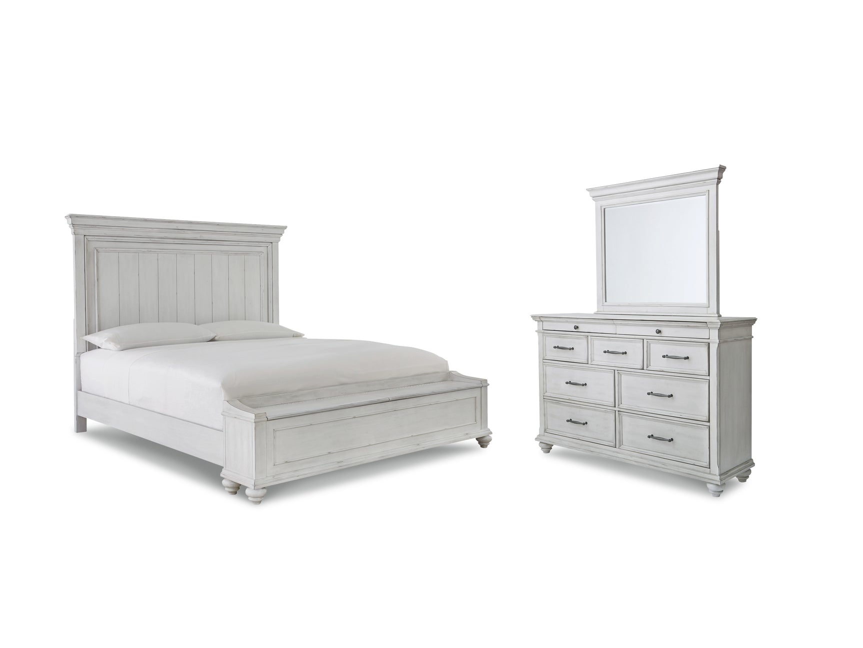 Kanwyn Whitewash Queen Bedroom Set with Mirrored Dresser - Ornate Home