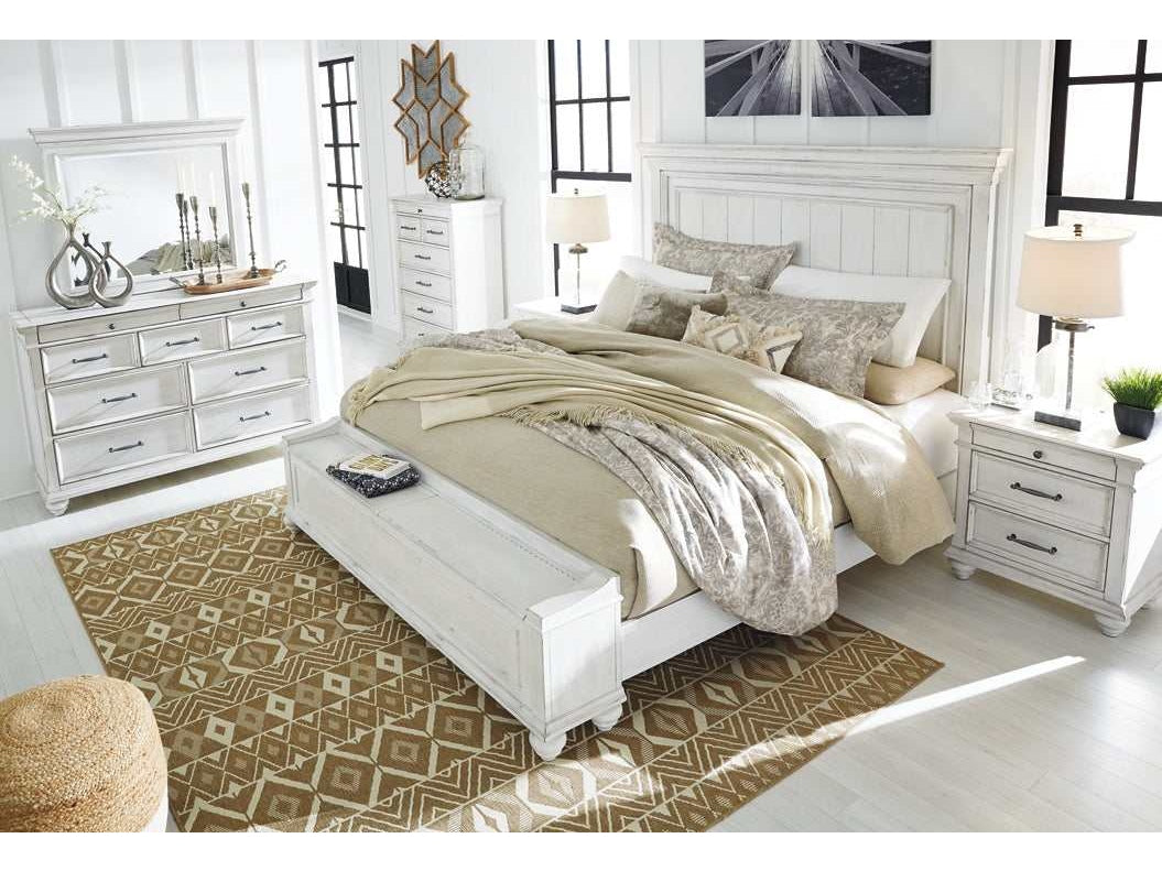 Kanwyn Whitewash Queen Panel Bedroom Set w/ Storage Bench / 5pc (Online Special Price) - Ornate Home
