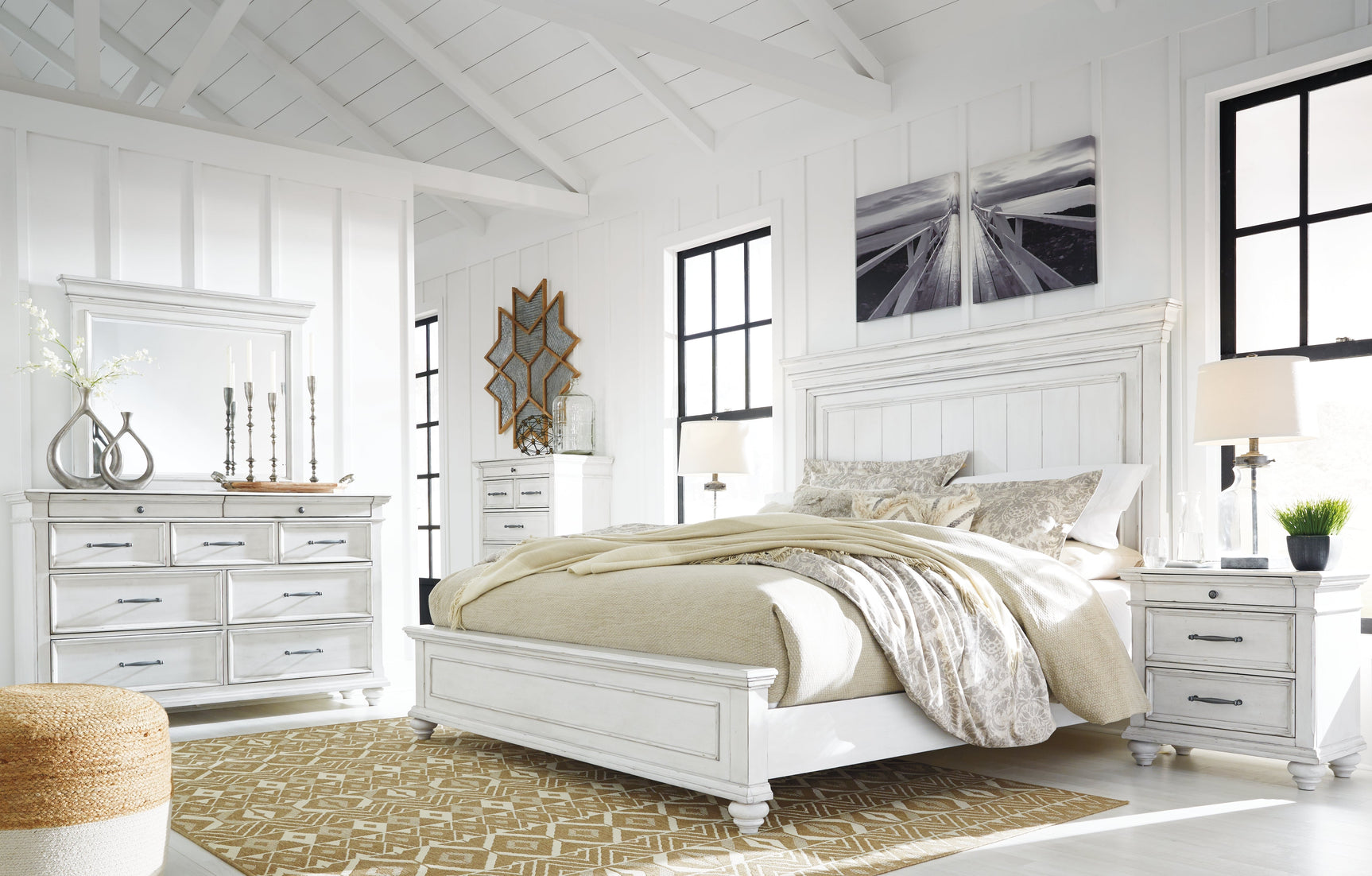 Kanwyn Whitewash Queen Panel Bedroom Set with Dresser, Mirror and 2 Nightstands (Online Special Price) - Ornate Home