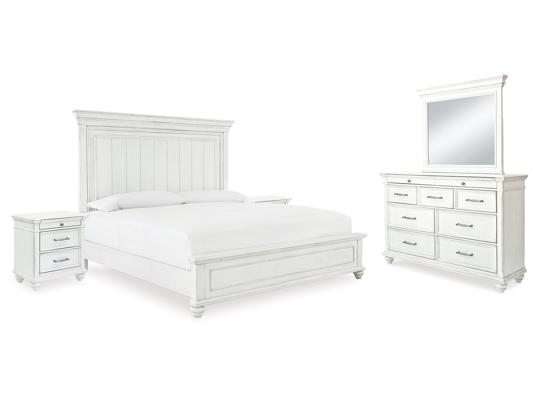 Kanwyn Whitewash Queen Panel Bedroom Set with Dresser, Mirror and 2 Nightstands - Ornate Home