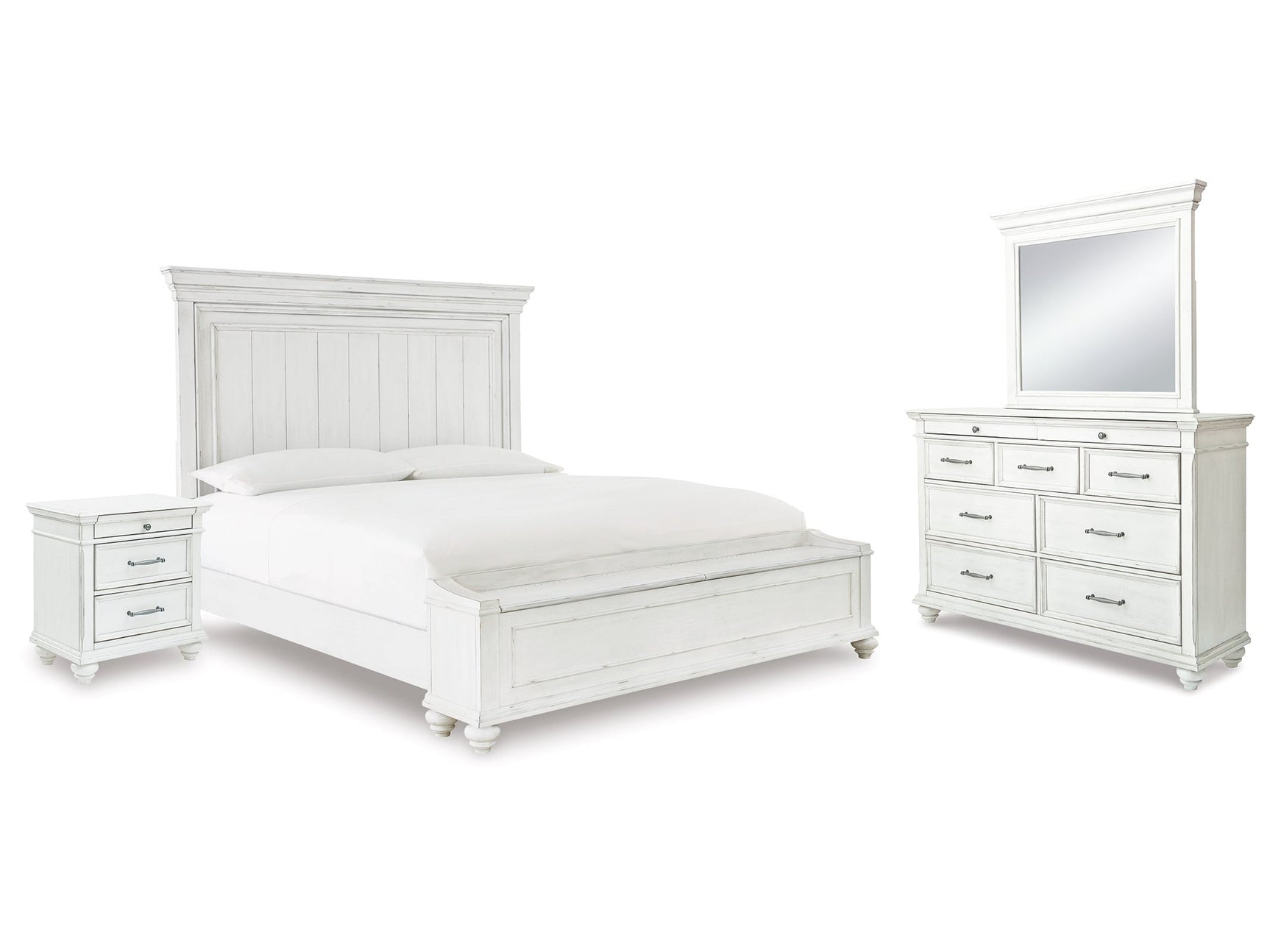 Kanwyn Whitewash Queen Panel Storage Bedroom Set with Dresser, Mirror and Nightstand (Online Special Price) - Ornate Home