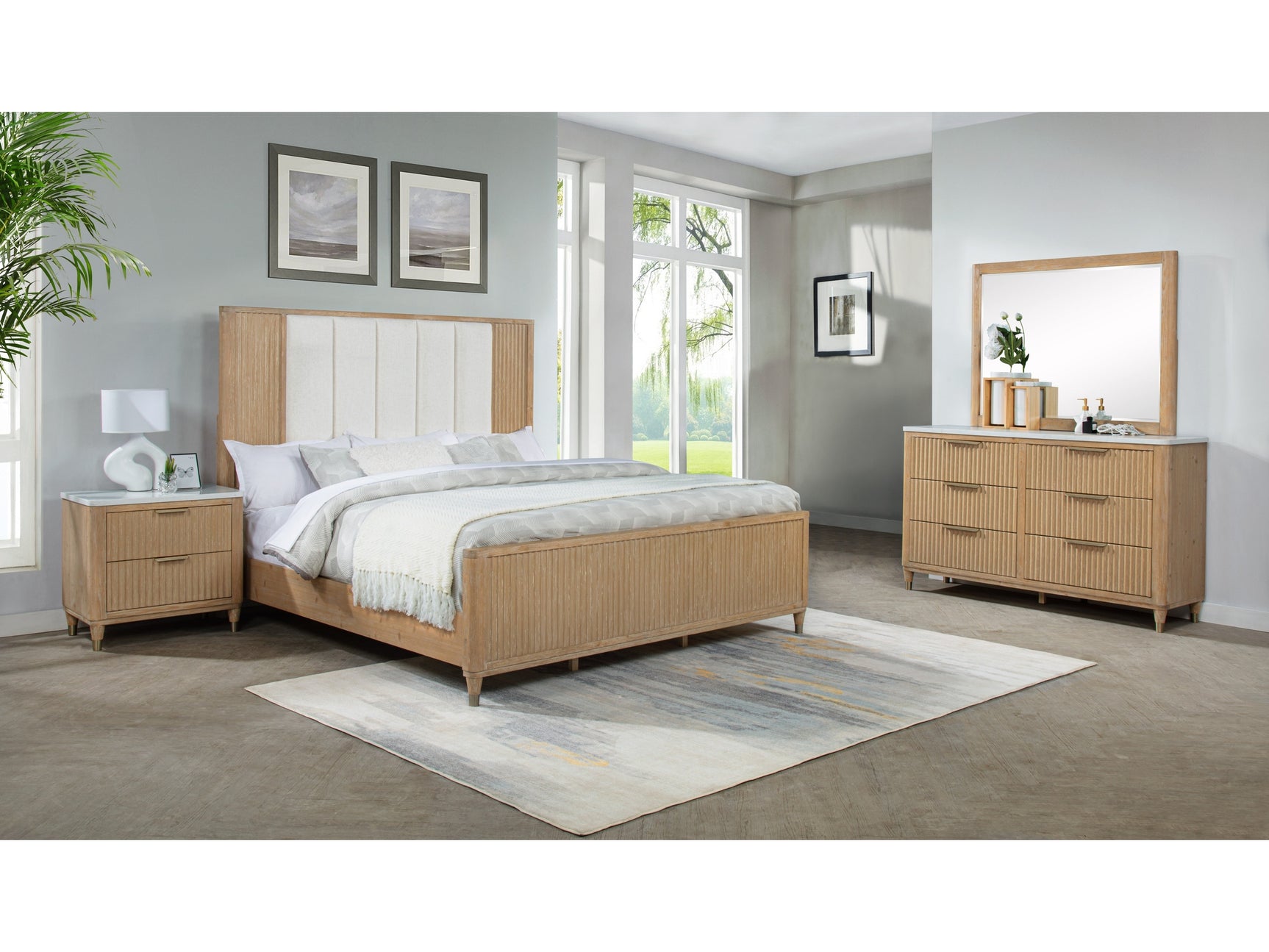 Kara Cerused Natural Upholstered Panel Bedroom Set - Ornate Home