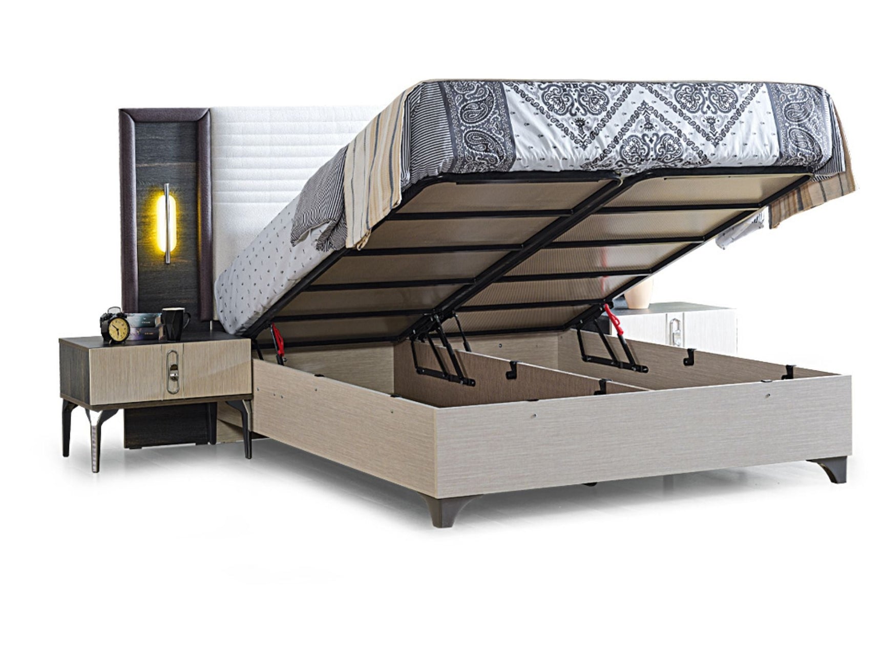 Nero Cream/Gray Bedroom Set (Queen Storage Bed With Headboard & Dresser With Mirror & 2 Nightstand )