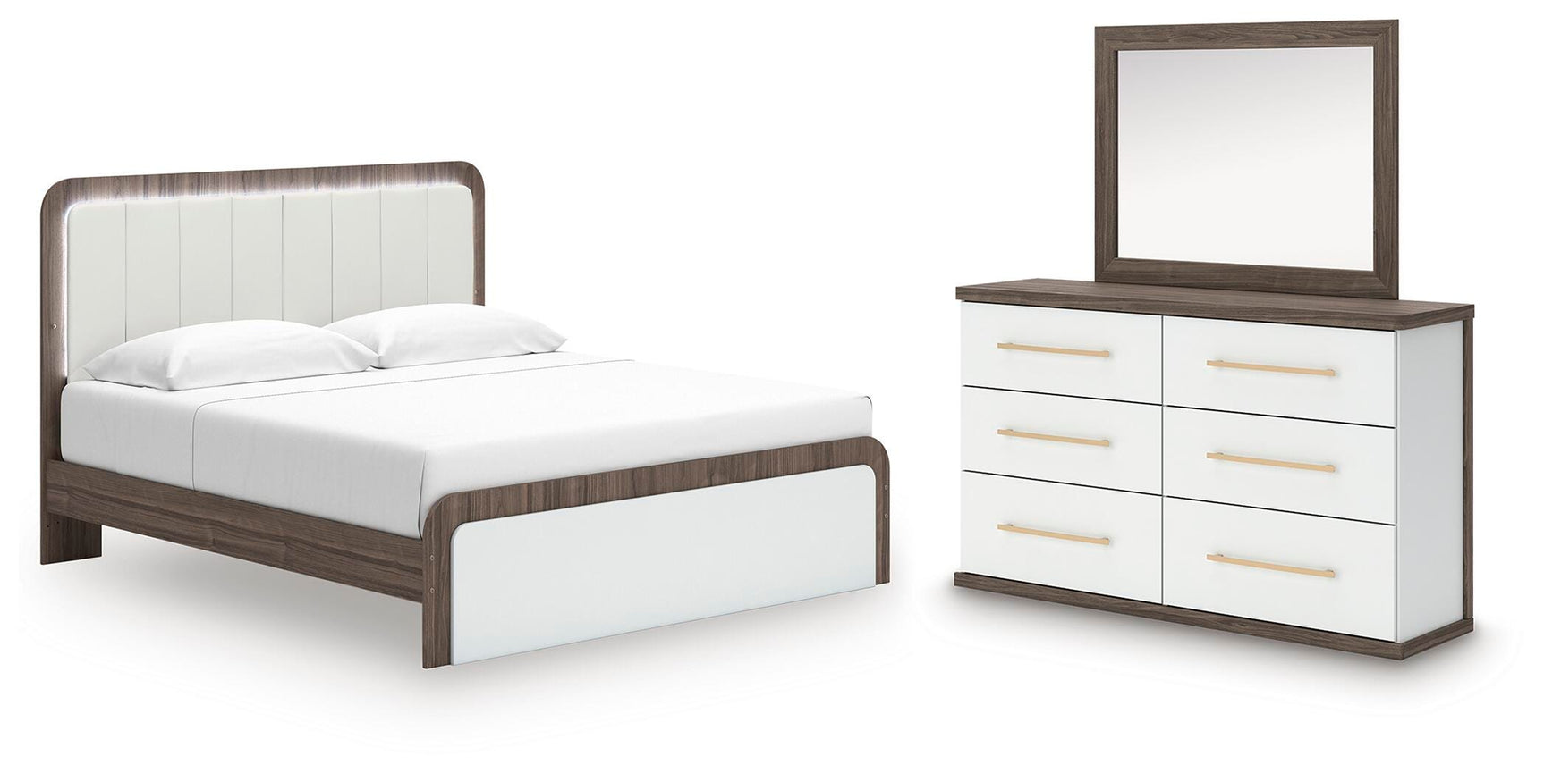 Kendanport Brown/White King Upholstered Bed, Dresser and Mirror - Ornate Home