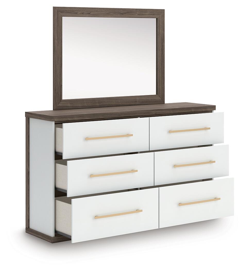 Kendanport Brown/White King Upholstered Bed, Dresser and Mirror - Ornate Home