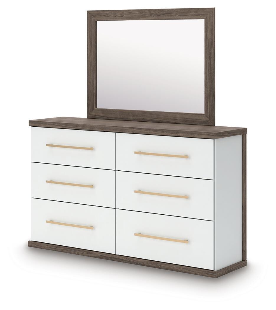 Kendanport Brown/White King Upholstered Bed, Dresser and Mirror - Ornate Home