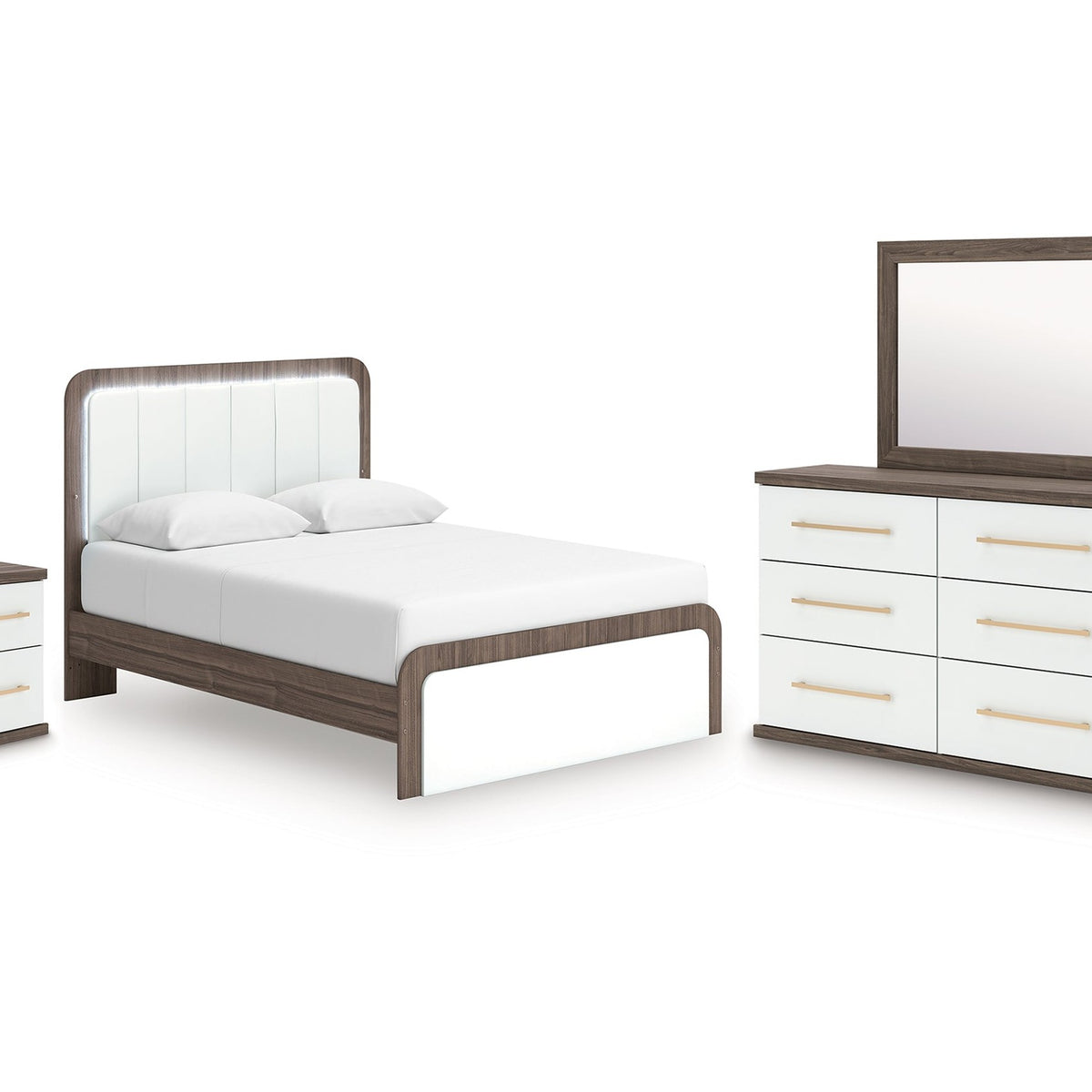 Ashley Furniture Kendanport White/Brown Queen Upholstered Bed, Dresser, Mirror and Nightstand