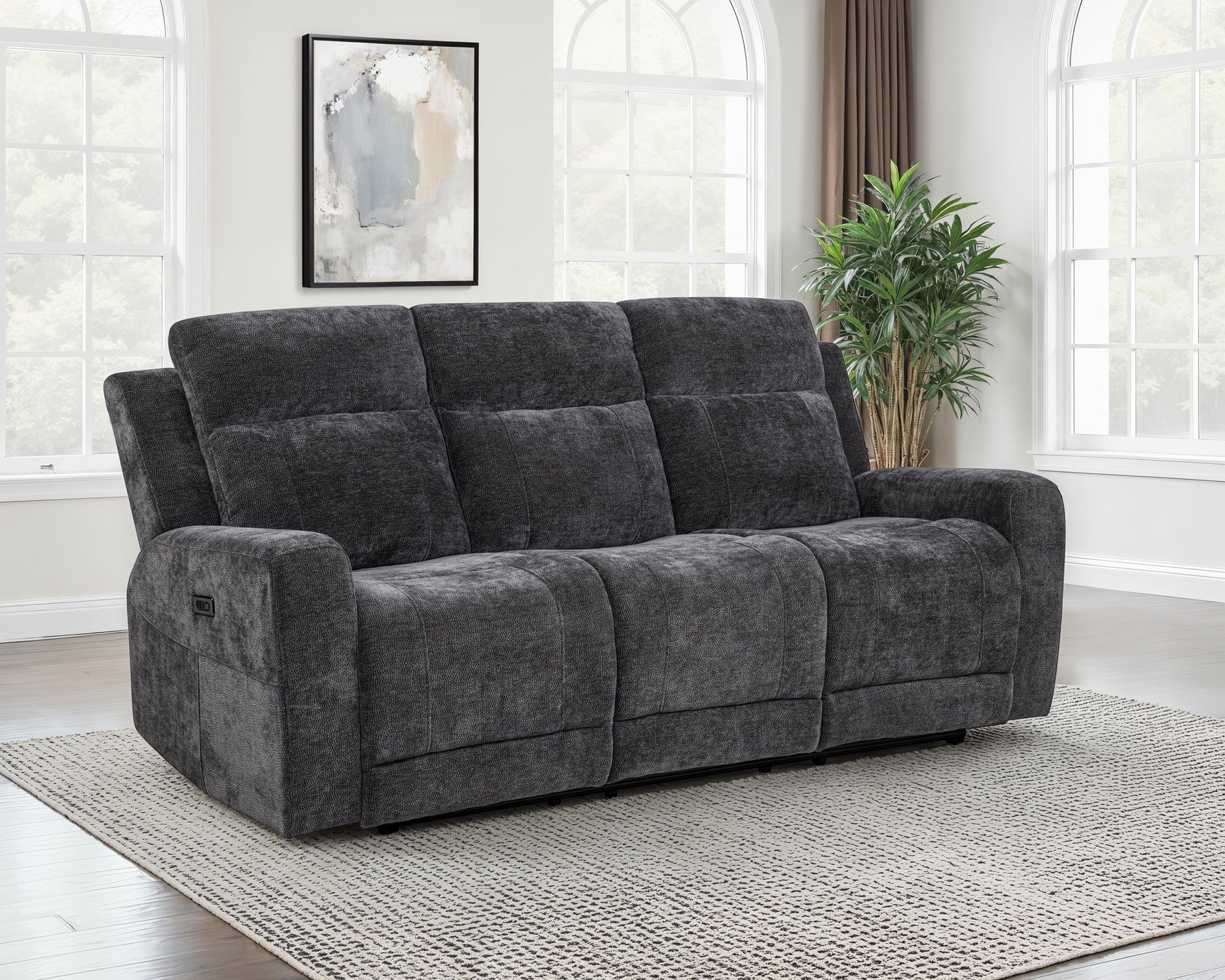 Kennett Dark Grey Chenille Upholstered Power Reclining Sofa - Ornate Home