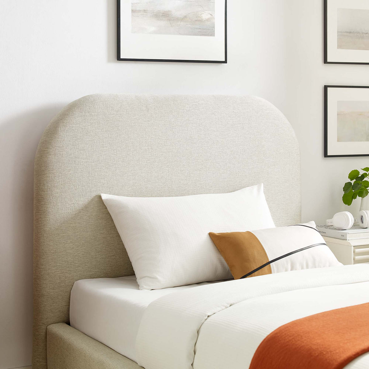 Keynote Heathered Weave Ivory Upholstered Fabric Curved Twin Platform Bed - Ornate Home