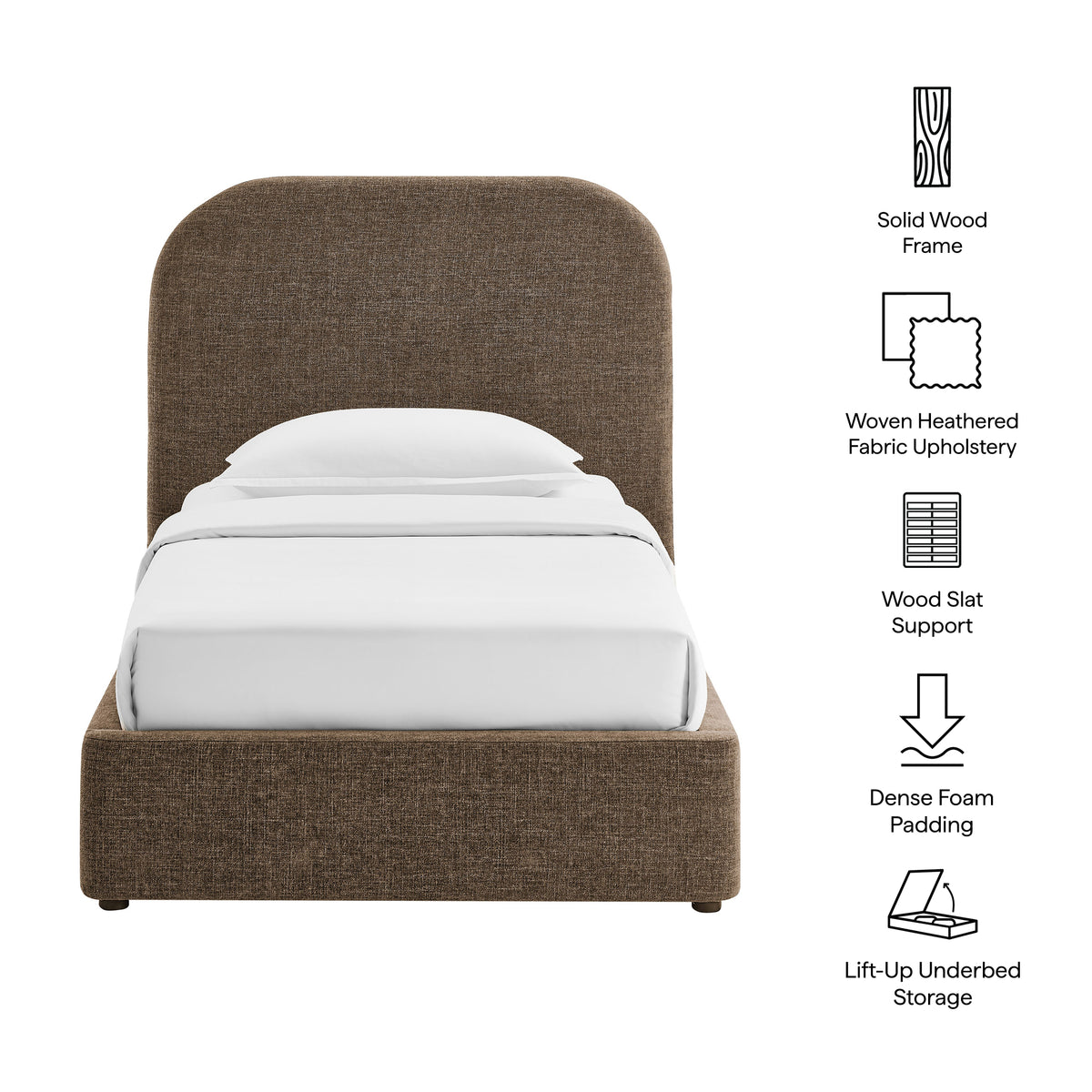 Keynote Mocha Twin Fabric Upholstered Storage Platform Bed Frame - Ornate Home