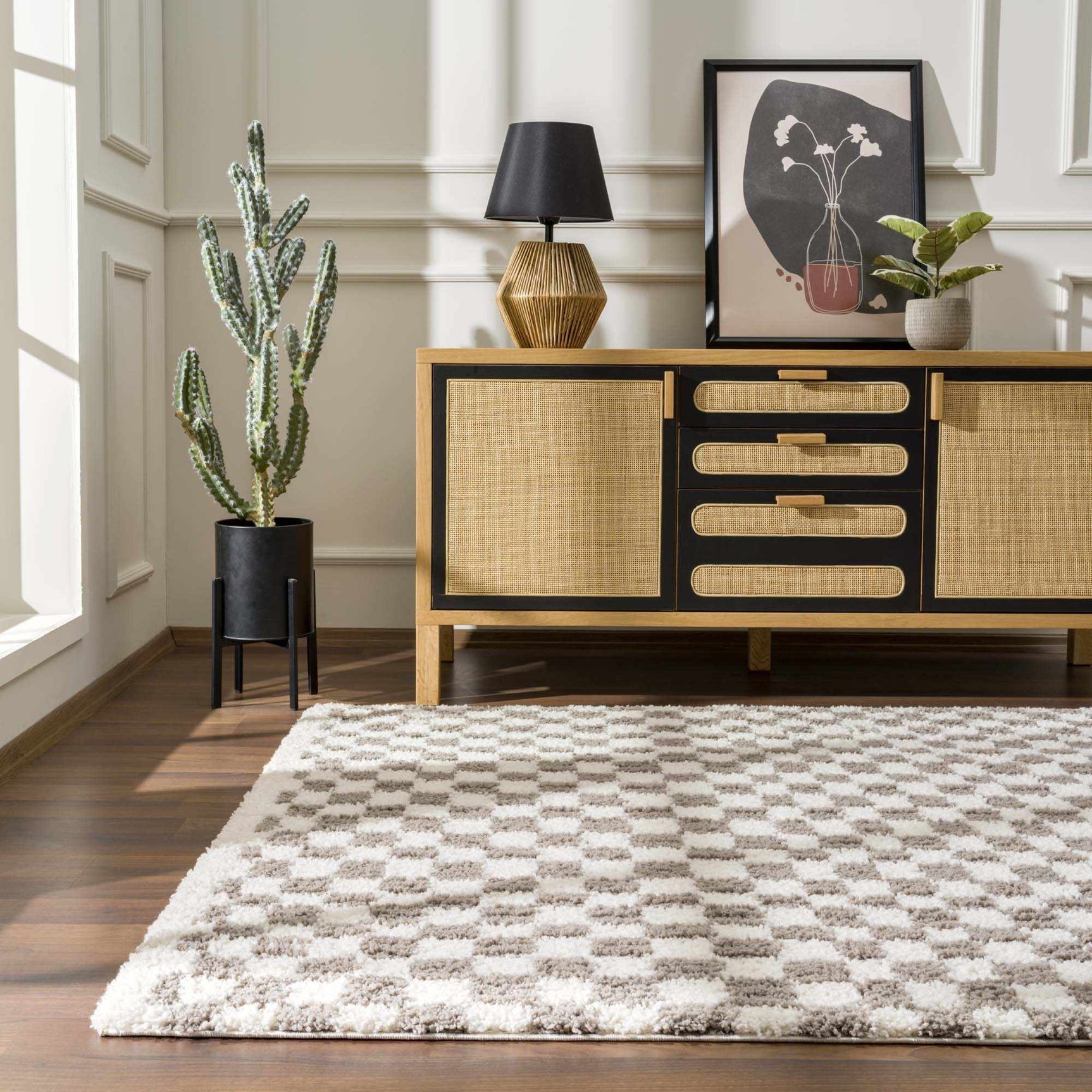 Kieu Taupe Checkered Plush Rug - Ornate Home
