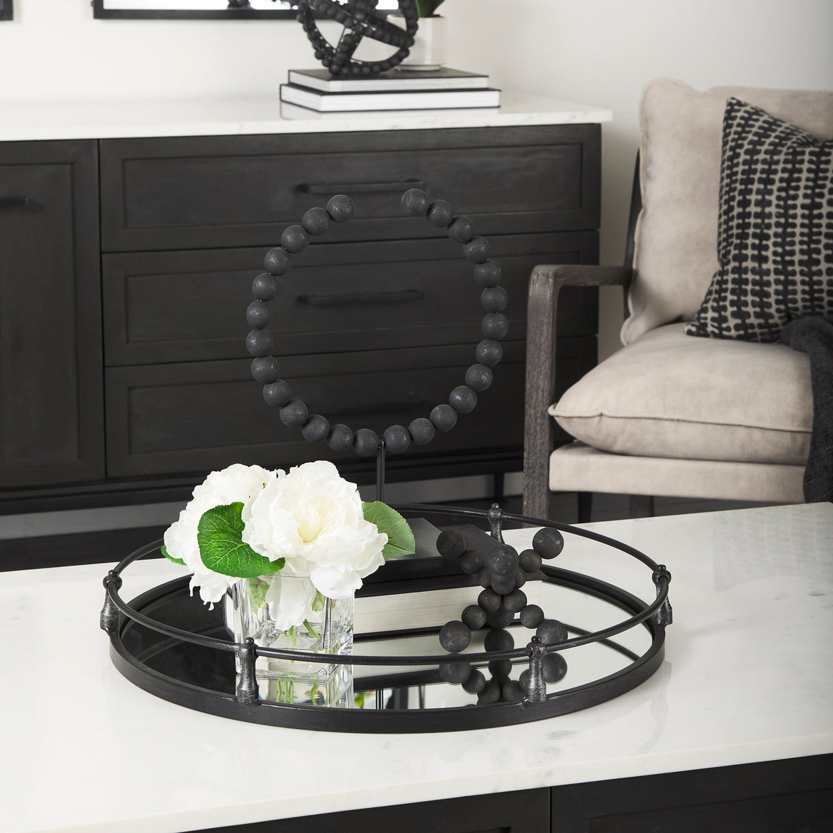 Kimbel Black Metal Mirrored Base Round Tray - Ornate Home