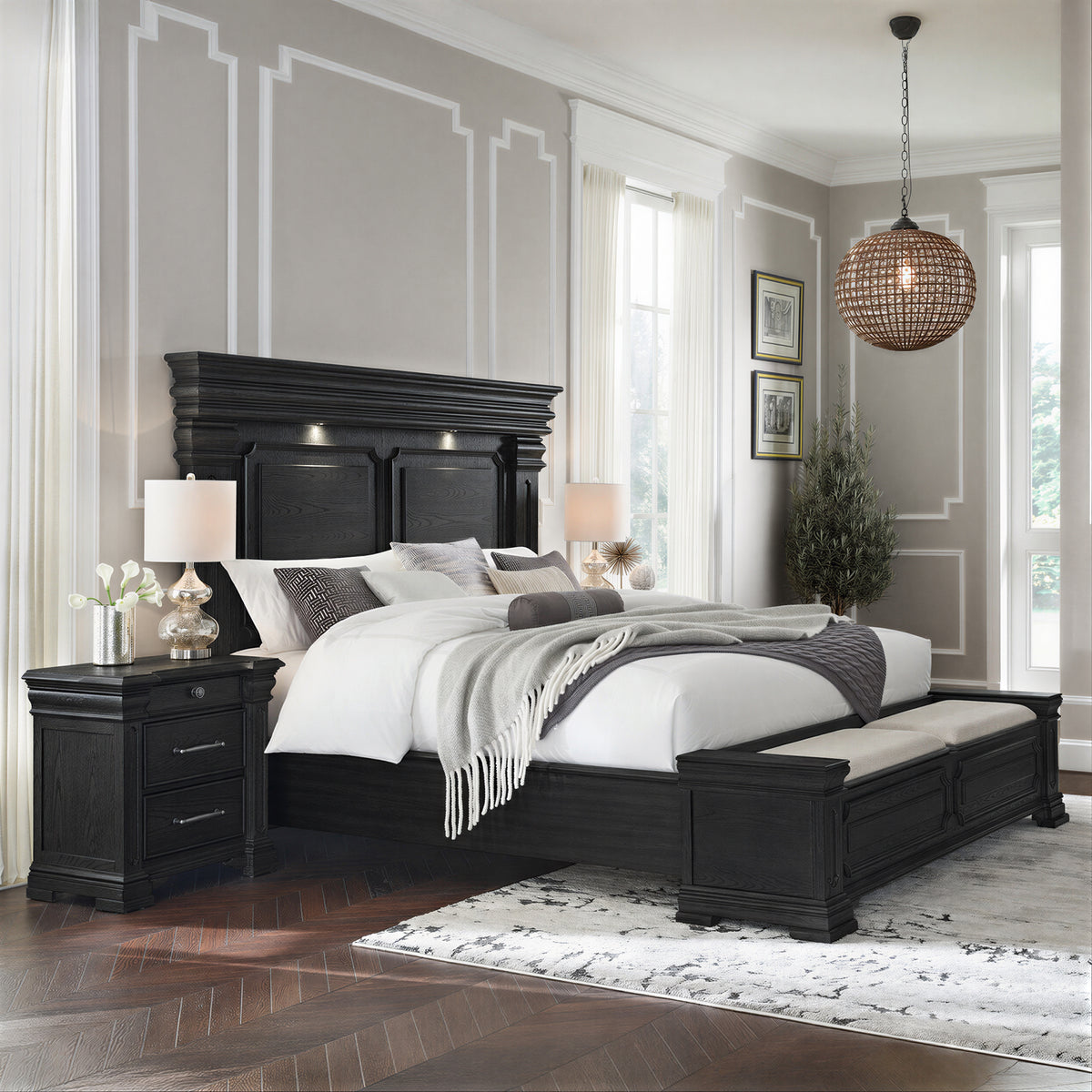 Kings Court Black 3-Piece King Storage Bedroom Set with 2 Nightstands - Ornate Home